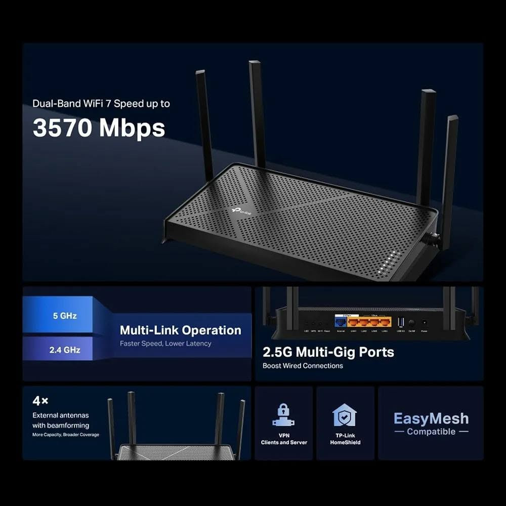 مساء الخير اصدقائي  الغالي وصل 🚀🚀🚀🚀
متوفر الان راوتر تيبلنك جيل السابع 
 TP-Link Archer BE230 BE3600

السعر 100 الف 

الموصفات 
  جهاز توجيه لاسلكي يدعم تقنية Wi-Fi 7، ويوفر سرعات عالية تصل إلى 3.6 جيجابت/ثانية. إليك بعض المواصفات الرئيسية:
- *السرعة اللاسلكية*: تصل إلى 3.6 جيجابت/ثانية، مقسمة إلى 2882 ميجابت/ثانية على تردد 5 غيغاهرتز و688 ميجابت/ثانية على تردد 2.4 غيغاهرتز.
- *تقنية Wi-Fi 7*: توفر سرعات أسرع وسعة أكبر وتقليل ازدحام الشبكة.
- *منافذ إيثرنت*: 1× 2.5 Gbps WAN، 1× 2.5 Gbps LAN، و3× 1 Gbps LAN لنقل البيانات بسرعات عالية.
- *تغطية أوسع*: 4 هوائيات خارجية مع تقنية Beamforming توفر سعة أكبر، واتصالات أقوى وأكثر استقرارًا، وتقلل من التداخل.
- *أمان الشبكة*: يدعم بروتوكول WPA3 للأمان السيبراني المحسن، ويتضمن نظام حماية من التهديدات الإلكترونية.
- *التوافق*: يدعم جميع أجيال أجهزة الواي فاي والأجهزة ومزودي الإنترنت.
- *EasyMesh*: يعمل مع أجهزة التوجيه والموسعات المتوافقة مع EasyMesh لتكوين شبكة ميش متكاملة في المنزل.
- *تطبيق Tether*: يتيح لك إدارة الشبكة بسهولة.
- *نظام التشغيل*: يدعم IPv4 وIPv6.

السعر 100 الف

متوفر خدمة توصيل بغداد ومحافظات 
للاستفسار اكثر يرجى الاتصال على الرقم التالي او مراسلة الصفحه 
***********
***********
