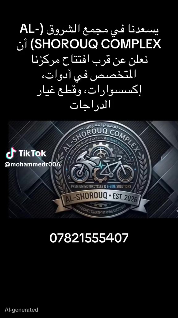 بِسْمِ اللَّهِ الرَّحْمَٰنِ الرَّحِيمِ 
​"وَفِي السَّمَاءِ رِزْقُكُمْ وَمَا تُوعَدُونَ"
​بعد التوكل على الله، نعلن لكم اليوم عن انطلاقتنا الجديدة وافتتاح (مجمع الشروق لأدوات الدراجات) 🔥.
 مسندين بخبرتنا وثقتكم بينا! ولأنكم سندنا، ما ردنا نفتح افتتاح عادي.. سوينا لكم "عروض الشروق الحارقة" 🔥 كسر عظم وبسعر رأس المال للمفرد، وأسعار خاصة جداً لأصحاب المحلات والفيترية (جملة الجملة).
​📦 التوصيل صار يمكم؟ نعم! فتحنا خط توصيل سريع وآمن لكل محافظات العراق 🇮🇶 من شماله لجنوبه.و توجد قناه تيك توك باسم رضا الحارس https://vt.tiktok.com/ZSCW2SFbw/
​📍 تفضلوا بزيارتنا: النجف الاشرف شارع أبو صخير مقابل مرقد السيد الحكيم
📞 للطلب والاستفسار (واتساب): ***********  
​يا هلا بيكم بمحلكم الجديد.. الشروق يرحب بيكم ☀️.
