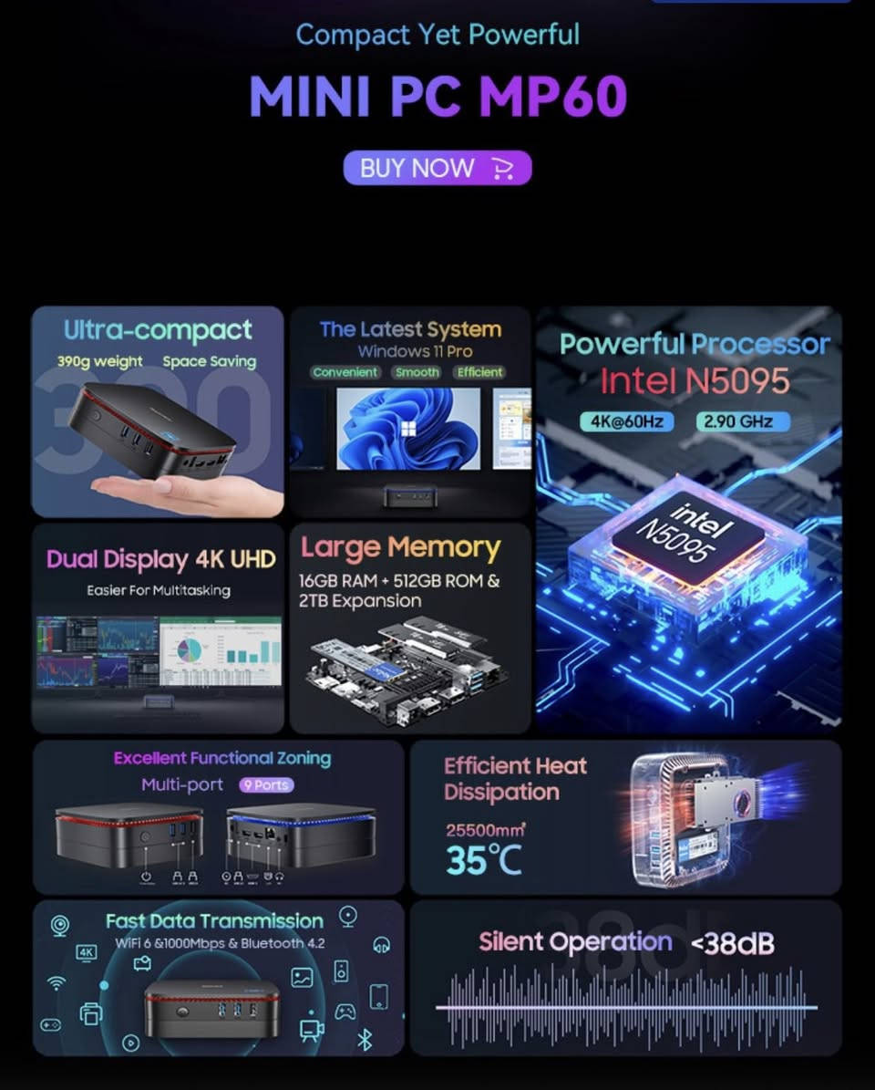 BlackView Mini PC 🔥
ميني بي سي حاسوب صغير جدا وزنه ٣٩٠ غرام ذو مواصفات رهيبه ! 
مواصفات :-
Windows 11 Pro
CPU : Intel Processor 12th Gen N95 رباعي النواة الجيل 12
RAM : 16GB DDR4
Storage: 512GB SSD ( قابل للتوسعة حتى 2TB )
GPU : Intel UHD Graphics 4k
Ports المنافذ:
Bluetooth داخلي
Wifi داخلي
LAN Ethernet
HDMI Support 4K
USB 4X
DC 12V
الجهاز نظيف جداً و حجمه صغير، تكدر تخلي بجيبك وين ماتروح وتاخذه وياك
السعر خاص
#minipc


**إذا كنت صاحب هذا الإعلان وتريد حذفه لأي سبب، رجاءا أرسل رسالة إلى الدعم الفني**