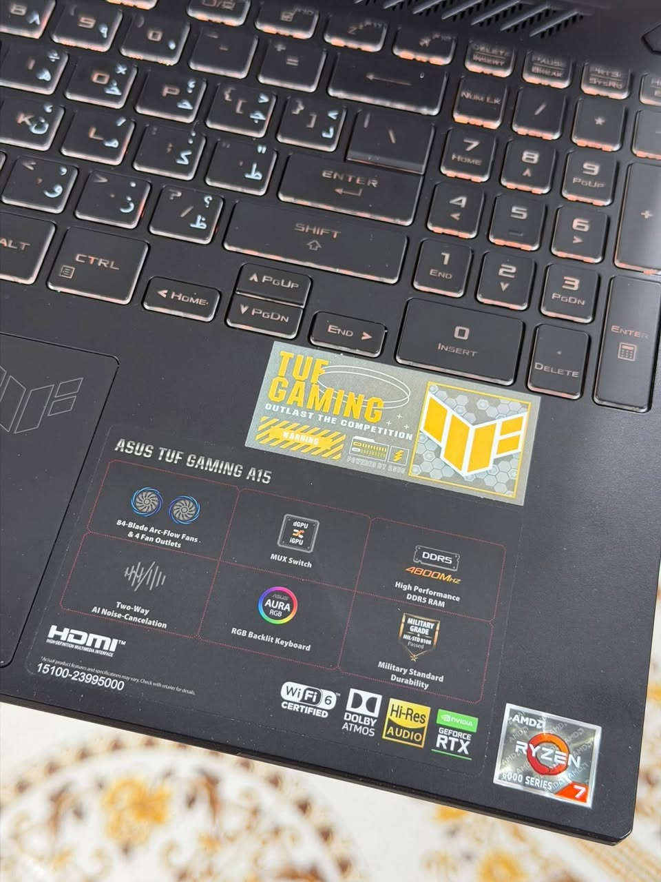 ١- اسم اللاب توب: ASUS TUF Gaming A15
٢- نوع كرت الشاشة: NVIDIA GeForce RTX 3050 Ti (بسعة 4GB GDDR6)
 ٣- نوع المعالج: AMD Ryzen 7 6800H (يحتوي على 8 أنوية)
 ٤- الرامات (RAM): 8GB من الجيل الأحدث DDR5
 ٥- الشاشة (الحجم، الدقة، والتردد): * الحجم والدقة: 15.6 بوصة بدقة FHD (مضادة للانعكاس).
 التردد: (144Hz).
 ٦- نظام التبريد: نظام تبريد احترافي بمراوح مزدوجة متطورة (Dual Fans).
 ٧- التخزين (الهارد): 512GB SSD NVMe PCIe 4.0
 ٨- نظام التشغيل: ويندوز 11 هوم أصلي (Windows 11 Home).
 ٩- نوع الكيبورد: كيبورد قيمنق مخصص للألعاب يحتوي على إضاءة RGB ميزة ومريحة.
10الجهاز قابل للتطوير
مكاني كربلاء ***********
