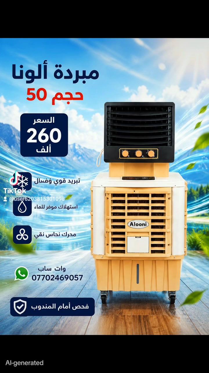 ‏🔥❄️ لا تخلي حر الصيف يتعبك بعد اليوم ❄️🔥
‏💨 مبردة ألونا حجم 50
‏تبريد قوي وهواء منعش يغطي المكان بالكامل 🌬️
‏مناسبة للبيت • المحل • الكافيهات • الجلسات الخارجية
‏💰 السعر فقط 260 ألف
‏🚚 توصيل مجاني
‏📦 فحص أمام المندوب
‏📲 وات ساب: ***********
‏✅ تبريد سريع وقوي
‏✅ استهلاك اقتصادي للماء والكهرباء
‏✅ محرك نحاس 
‏✅ شكل عصري وأداء ممتاز
‏🎁 الكمية محدودة والعرض لفترة قصيرة
‏راسلنا هسه واحجز قبل نفاذ الكمية 🔥
‏#مبردة_ألونا
‏#مبردة_حجم50
‏#تبريد_صيف
‏#عروض_العراق
‏#كربلاء
‏#توصيل_مجاني
‏#مبردات
‏#اجهزة_تبريد
‏#صيف_بارد
‏#عروض_مميزة
‏#العراق
‏#واتساب
‏#مكيفات
‏#تبريد_قوي
‏#بيع_سريع
‏
