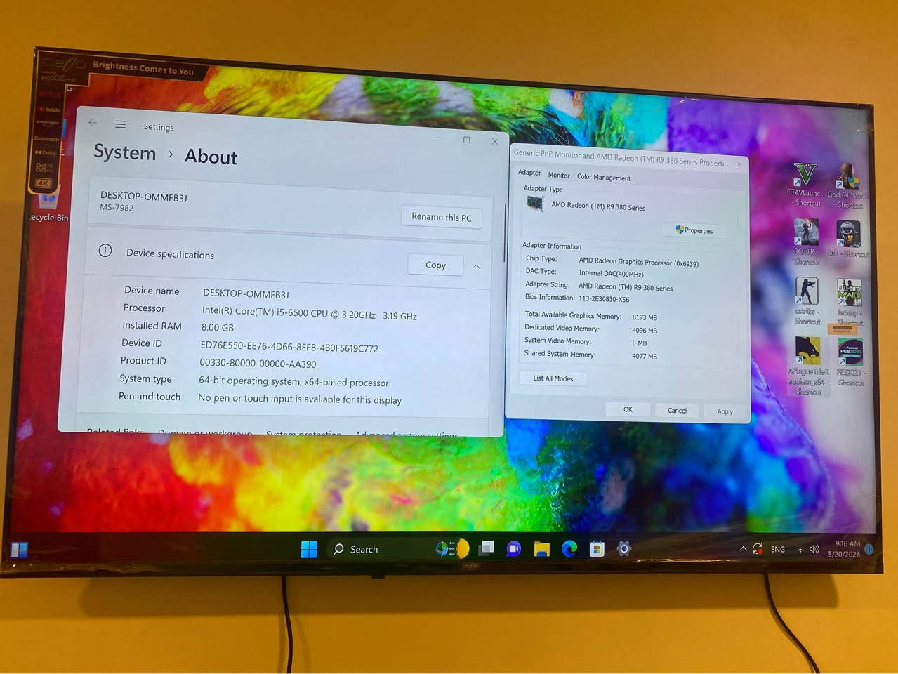 السلام عليكم 
تجميعه 
وندوز 11 pro اصلي
المعالج i5-6500 cpu
بورد MSI B150M BAZOOKA
Ram 8 DDR4 2400 hz
Ssd 250 g
HDD 500g
Gpu. AMD R9 380 Series 4g
منصب بيها العاب 
جيتي اي gta v
تومب رايدر 
بتلفيلد 3
كاونتر ستريك
بيس 2021
كول اوف ديوتي
رزنت ايفل 4
كود اوف وار
طاعون A Plague Tale:
السعر 360 الف وبيها مجال
مكاني بغداد بغداد, العراق


**إذا كنت صاحب هذا الإعلان وتريد حذفه لأي سبب، رجاءا أرسل رسالة إلى الدعم الفني**