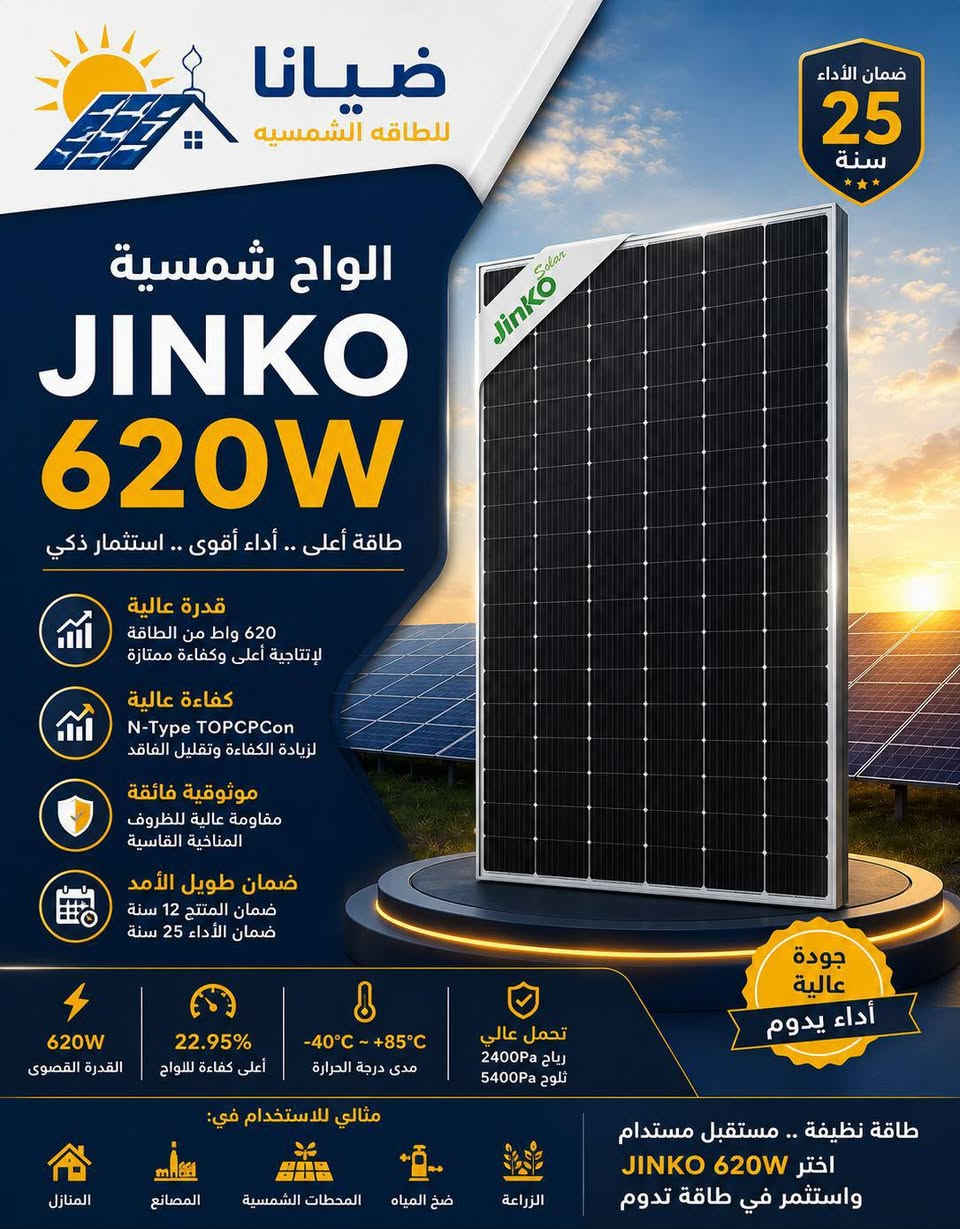 شركة ضيانا للطاقه الشمسيه
توفرت لدينا الواح جينكو 620w
بطاريات ديا 16  كيلو واط  
اسعار خاصه لاصحاب المكاتب والشركات 

⚠️ الكميات محدوده

📞 للحجز والاستفسار:
***********
