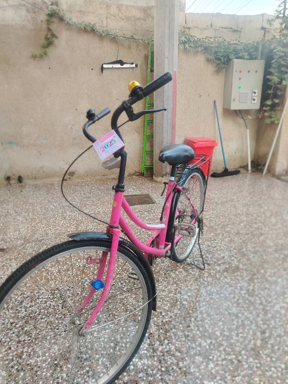 بايسكل وردي جميل بحالة جيدة مع جرس، مثالي للنزهات والتجول في المدينة. يتميز بهيكل متين وكرسي مريح.