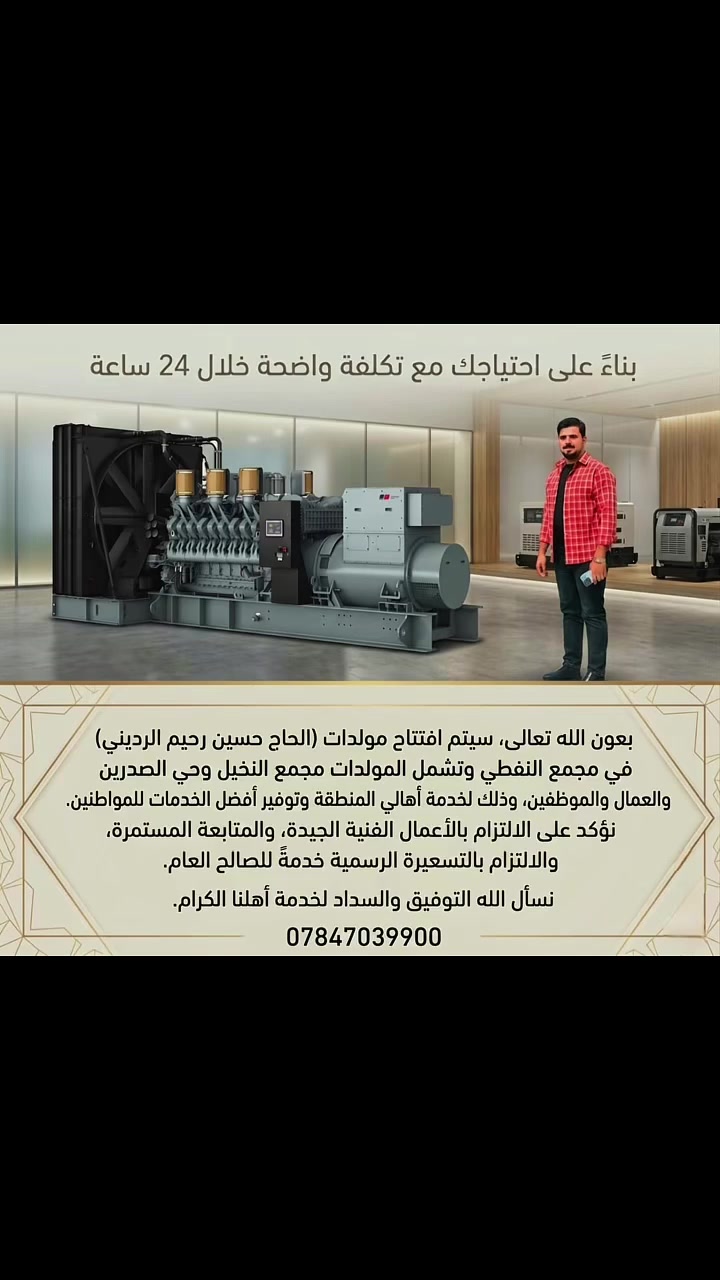 بسم الله الرحمن الرحيم 

بعون الله تعالى
سيتم افتتاح مولدات (الحاج حسين رحيم الرديني) في مجمع النفطي وتشمل المولدات مجمع النخيل وحي الصدرين والعمال والموظفين وذلك لخدمة أهالي المنطقة وتوفير أفضل الخدمات للمواطنين نؤكد على الالتزام بالأعمال الفنية الجيدة، والمتابعة المستمرة، والالتزام بالتسعيرة الرسمية خدمةً للصالح العام نسأل الله التوفيق والسدادلخدمةأهلنا الكرام❤️🫶
***********
