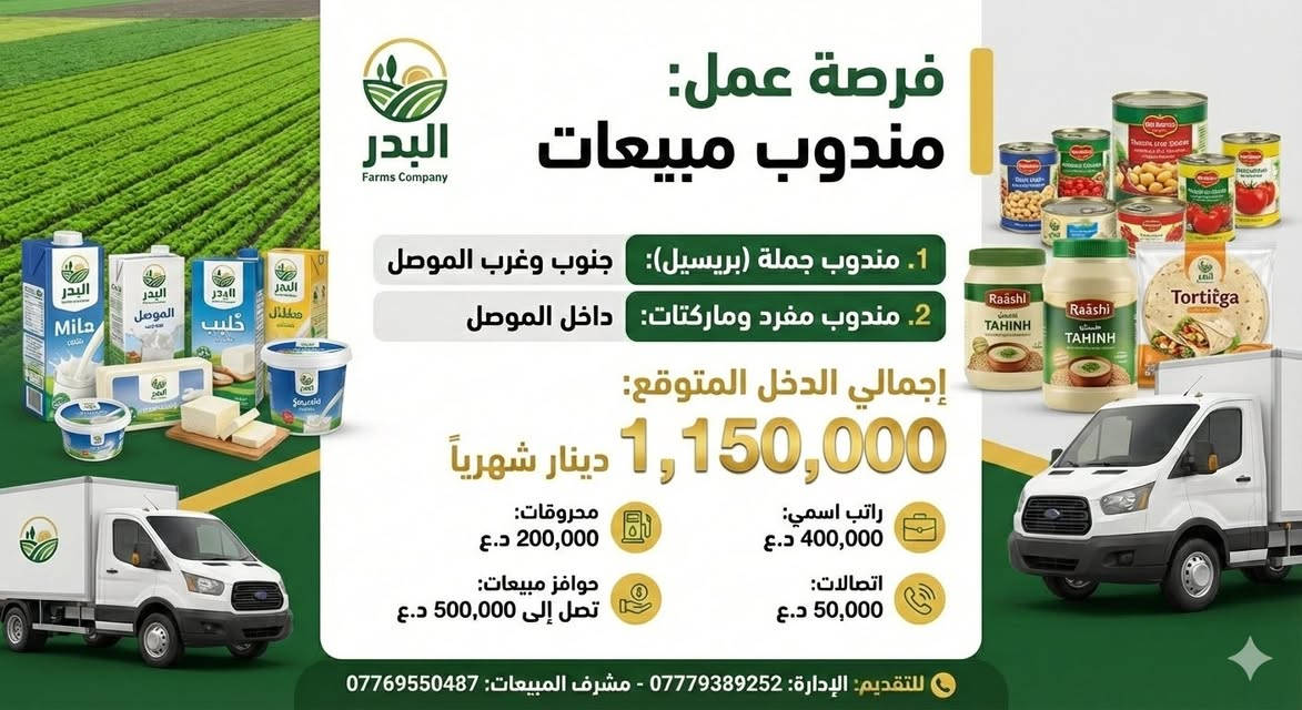🌟 فرصة عمل مميزة في شركة مزارع البدر 🌟
تعلن شركة مزارع البدر عن حاجتها لتعيين موظفين أكفاء للانضمام إلى فريق المبيعات في محافظة نينوى - الموصل.
📍 الشواغر المتوفرة:
1️⃣ مندوب مبيعات بريسيل (جملة): لتغطية مناطق (جنوب وغرب الموصل).
2️⃣ مندوب مبيعات (مفرد وماركتات): لتغطية (مركز مدينة الموصل).
💰 الحزمة المالية الشاملة (تصل إلى 1,150,000 دينار شهرياً):
نقدم دخلاً شهرياً ممتازاً يتكون من راتب ثابت وحوافز مجزية:
✅ الراتب الثابت والمخصصات (مجموع 650,000 دينار):
• الراتب الاسمي: 400,000 دينار.
• مخصصات وقود: 200,000 دينار.
• مخصصات اتصال: 50,000 دينار.
🔥 حوافز المبيعات (تارجت):
• حوافز تصل إلى: 500,000 دينار شهرياً، تعتمد على تحقيق الأهداف البيعية.

علماً ان الشركة معتمدة ومسجلة رسمياً 
في دائرة تسجيل الشركات الرئيسية في بغداد 
وغرفة تجارة الموصل 

الشركة توفر ((الضمان الاجتماعي ))لجميع كوادرها 🌙 وتحسب له سنوات خدمة وفي حال تم تعينه في القطاع الحكومي تنقل له سنوات الخدمه من القطاع الخاص الى القطاع الحكومي 🥇

📞 للاستفسار والتقديم:
يمكنكم التواصل مباشرة على الأرقام التالية:
• الإدارة: ***********
• مشرف المبيعات: ***********
نبحث عن أشخاص جادين وطموحين للانضمام إلى عائلة مزارع البدر. بالتوفيق للجميع!
