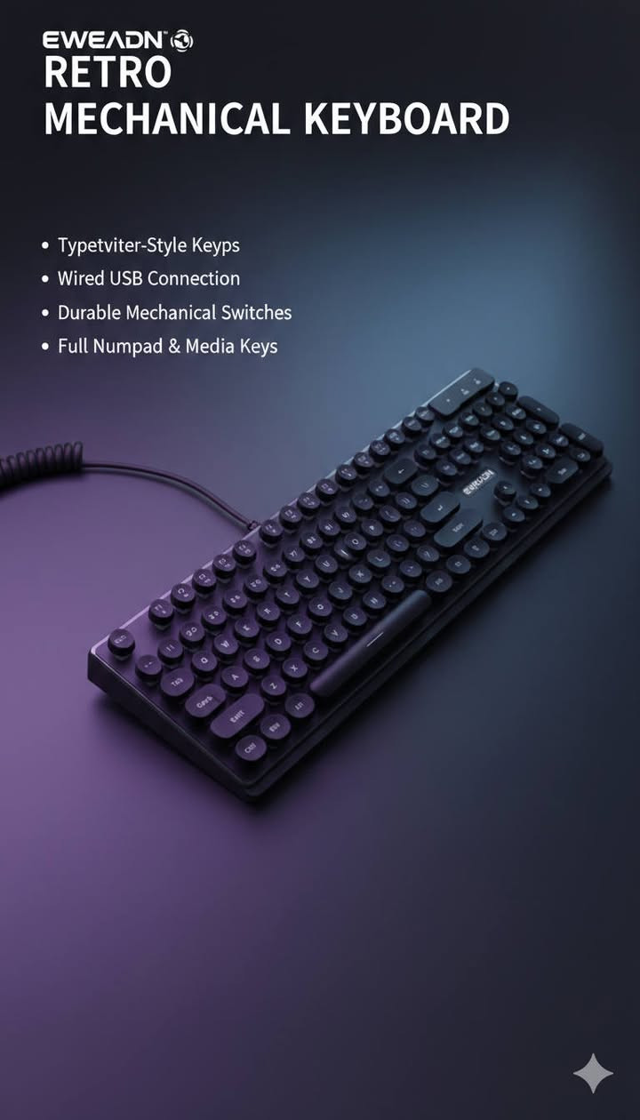 🔥 للبيع كيبورد RGB احترافي – شكل ستايل تايب رايتر 🔥
⌨️ النوع: EWEADN
💡 الإضاءة: RGB متعددة الألوان
🔌 التوصيل: USB – يشتغل على كل الأجهزة
🆕 الحالة: جديد / 

✨ المميزات:
إضاءة RGB قوية وجميلة
أزرار مريحة وسلسة بالكتابة
تصميم أنيق وفخم
مناسب للألعاب، الدراسة، والبرمجة
💰 السعر: (20.000الف)
📍 الموقع: (ذي قار /توصيل مجاني )
📞 للتواصل: خاص / واتساب
***********
