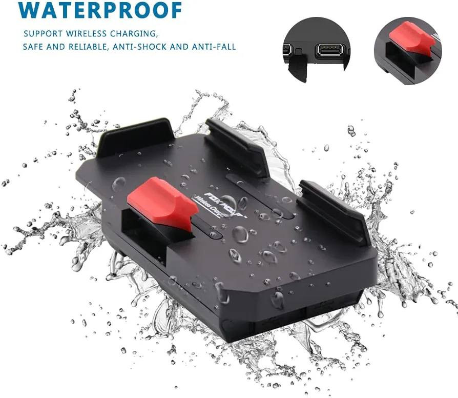 هذا هو شاحن لاسلكي وحامل هاتف للدراجات النارية يحمل علامة تجارية "FOX WOLF". يتميز بالخصائص التالية: 
قوة الشحن اللاسلكي: 15 واط.
مقاومة للماء: مستوى IP67.
متوافق مع الهواتف الذكية التي تدعم الشحن اللاسلكي.
نطاق العرض: 6.4 سم - 9 سم.


**إذا كنت صاحب هذا الإعلان وتريد حذفه لأي سبب، رجاءا أرسل رسالة إلى الدعم الفني**