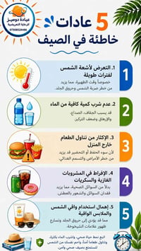 خمسة عادات خاطئة في الصيف: ☀️ التعرض لأشعة الشمس لفترات طويلة خاصة وقت...