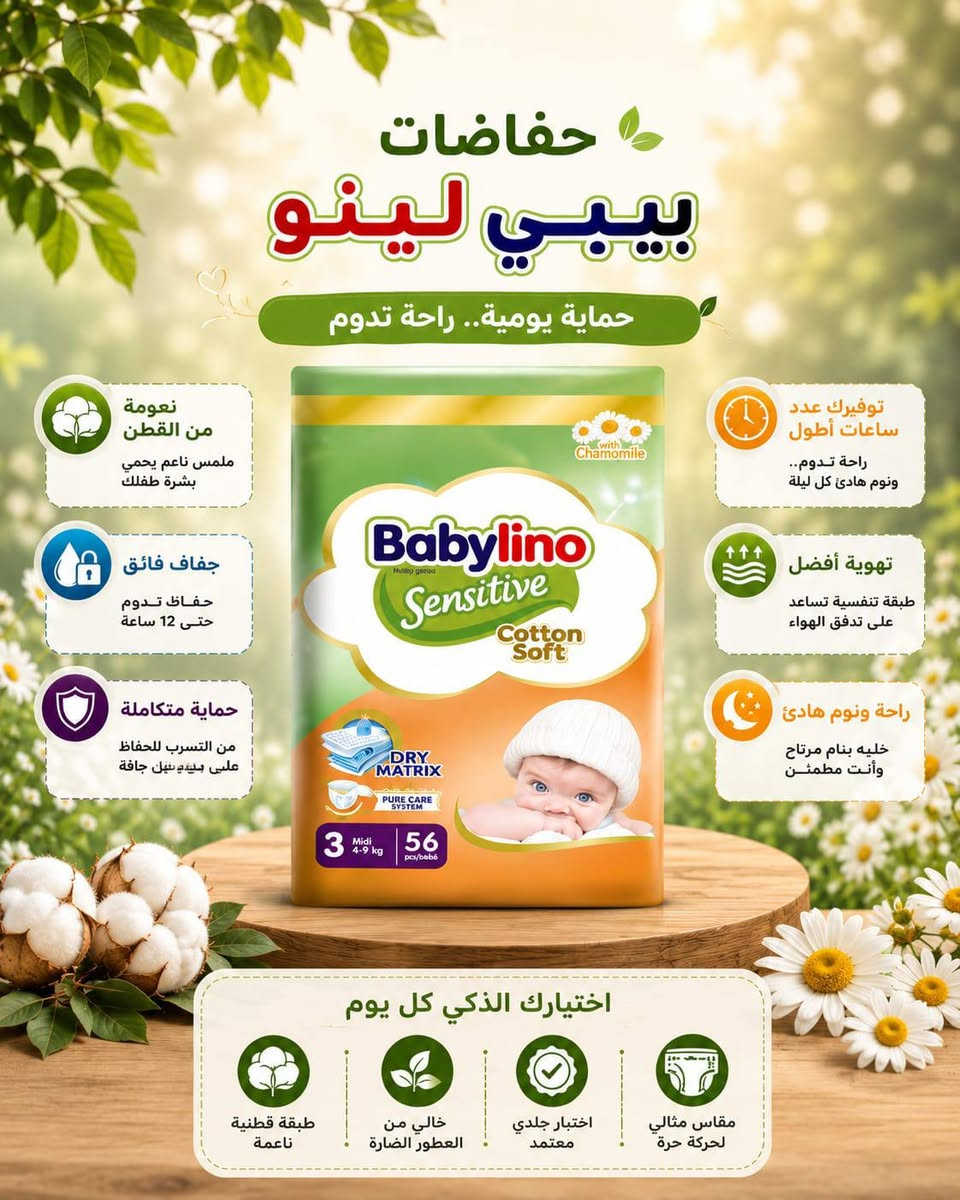 🌸 حفاضات بيبي لينو اللاصق 🌸
راحة ونعومة لطفلك طول اليوم 💚
امتصاص عالي وحماية من التسرب مع ملمس قطني ناعم ✨
متوفر أرقام 1-2-3-4-5-6-7
 📍 العنوان: الشعب – السريدات القديمة / المربع الأول / شارع الخفاجات
(مجاور المضمد أبو كرار)
نستقبل زبائنّا يومياً من الساعة 9 صباحاً إلى 1 ليلاً 🌙
🚚 خدمة توصيل متوفرة داخل بغداد والمناطق القريبة
📞 للحجز والاستفسار راسلونا أو اتصلوا بينا ***********
#بيبي_لينو #حفاضات_اطفال #بيبي_لينو_لاصق #عناية_الاطفال #مواليد
