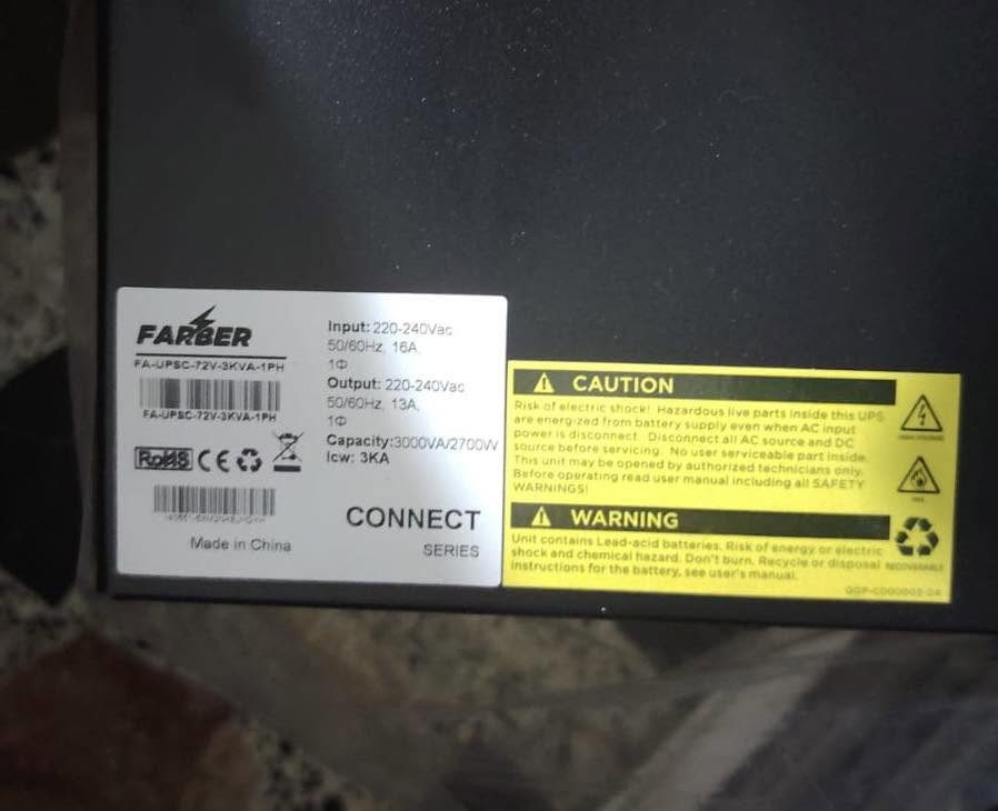 فرصة ذهبية ..
جهاز Online UPS 3KVA CONNECT SERIES
فاربر
يتميز الجهاز بزمن التحويل الصفري ويعالج جميع مشاكل الكهرباء.
يحتوي على 6 بطاريات داخلية حجم 12V/9AH.

حالة الجهاز : جديد غير مستعمل
يعمل مع حمل لغاية 12 امبير.
علماً ان سعر الجهاز بالوكاله 594,000 د.


**إذا كنت صاحب هذا الإعلان وتريد حذفه لأي سبب، رجاءا أرسل رسالة إلى الدعم الفني**