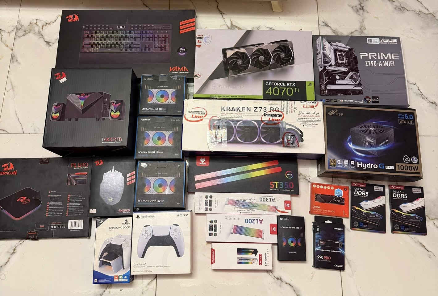 INTEL CORE 19 13900k
ASUS Z790 PRIME A

RAM Force DDR5 64 GB 16x4 6000 PC

ADATA XPG SSD M.2 1TB 

S70 GEN4

SAMSUNG 990 PRO SSD  M.2      1TB

=2TB

nzxt Z73 360 liquid cooler

CASE ASUS GT502 W

MSI RTX 4070TI 12GB SUPREM X

FSP Hydro G PRO 1000w GOLD 80+

Fully Power Supply

LIANLI SL 120

AOSOR AL300 RGB CABLE

كيبورد Redragon Yama K550 Purple Switch

 ماوس Redragon M801P-RGB Sniper 

مكبر الصوت GS700 Toccata Toccata Stereo RGB للألعاب Gaming Speaker

جوستك بلي 5

شاشة  

SAMSUNG Odyssey G7 حجم 32

Ims

IPS

144 Hz

UHD

كرسي IGC / GHOST OF TSUSHIMA

GAMING CHAIR

مكتب العاب من خليط معدني، طاولة العاب منزلية، مكتب بسيط نسيج الياف كربونية انيق، طاولة العاب كمبيوتر RGB لالعاب الكمبيوتر ومشغلات الكمبيوتر (احمر، 47)

FARBER يو بي اس 

2KVA-1PH

ONLINE

UPS

CONNECT

SERIES

تجميعة جديده كاملة للاخير احسن البراندات

السعر 35 $

***********
