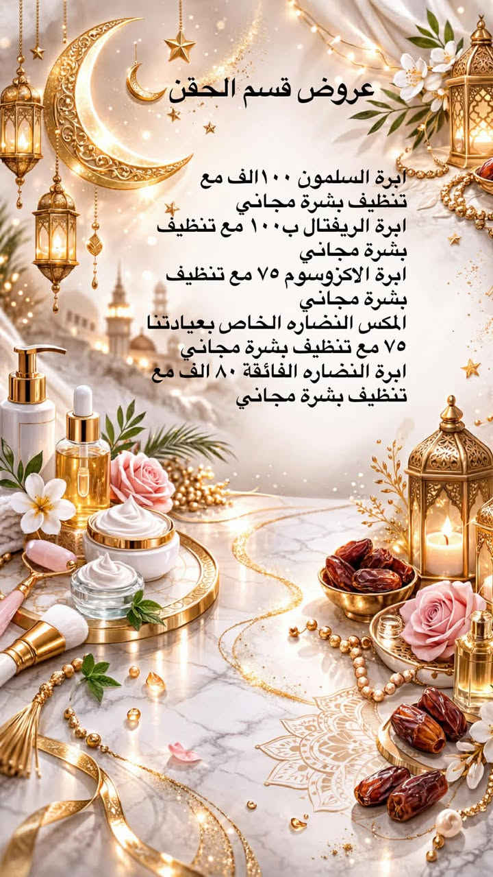 رمضان فرصة للاهتمام بنفسك وأستعاده أشراقه بشرتك ✨

أذا حابه تستقبلين العيد ببشره صافيه ،وتلمع
فالوقت المثالي تبدين بي هوة هسة .❤️✔️

تعلن عياده دكتورة سماره عن خصم على جلسات 
✔️تنظيف البشرة
✔️جلسات النضارة
✔️البلازمات
✔️علاج للتصبغات وأثار الحبوب 
✔️الفلر والبوتكس
✔️ليزر أزاله الشعر 
✔️جلسات تفتيح وتبيض المناطق الداكنه 
العروض حتكون لفتره محدودة 
-للحجز والاستفسار يرجى مراسلتنا دايركت 
او الاتصال عبر الارقام التاليه ***********/***********
العنوان -المحمودية /حي الموظفين /مجاور مول هبي دي / مجاور مختبر اليوسف (((الطابق الارضي))) عياده دكتورة سماره عامر
