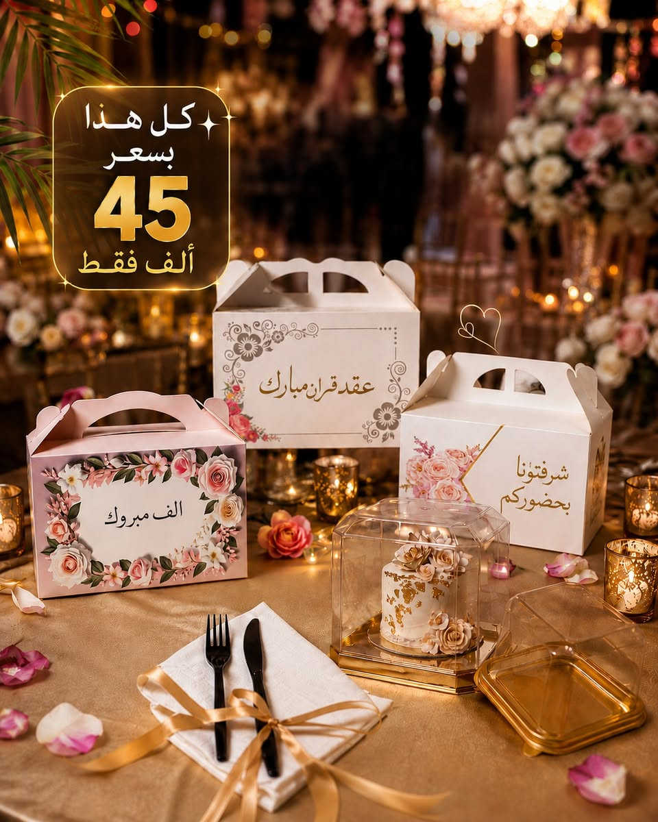 بكج المناسبات الكامل صار متوفر بسعر مميز جداً 👌
كل اللي تحتاجه لمناسبتكم بترتيب أنيق ولمسة فخامة تليق بفرحتكم 🤍

📦 البكج يشمل:
✔️ 100 بوكس “ألف مبروك”
✔️ 100 علبة كيك شفافة
✔️ 100 سيت (شوكة + سكين + كلينكس)
✔️ 100 قصبة مغلفة

🔥 كل هذا بـ 45 ألف فقط 🔥

مثالي لـ:
💍 عقد القران
👰 حفلات الخطوبة
🎉 أعياد الميلاد والمناسبات

📍تصاميم راقية وجودة مرتبة تناسب كل الأذواق
📩 للحجز والاستفسار راسل الصفحة الآن والكمية محدودة


**إذا كنت صاحب هذا الإعلان وتريد حذفه لأي سبب، رجاءا أرسل رسالة إلى الدعم الفني**