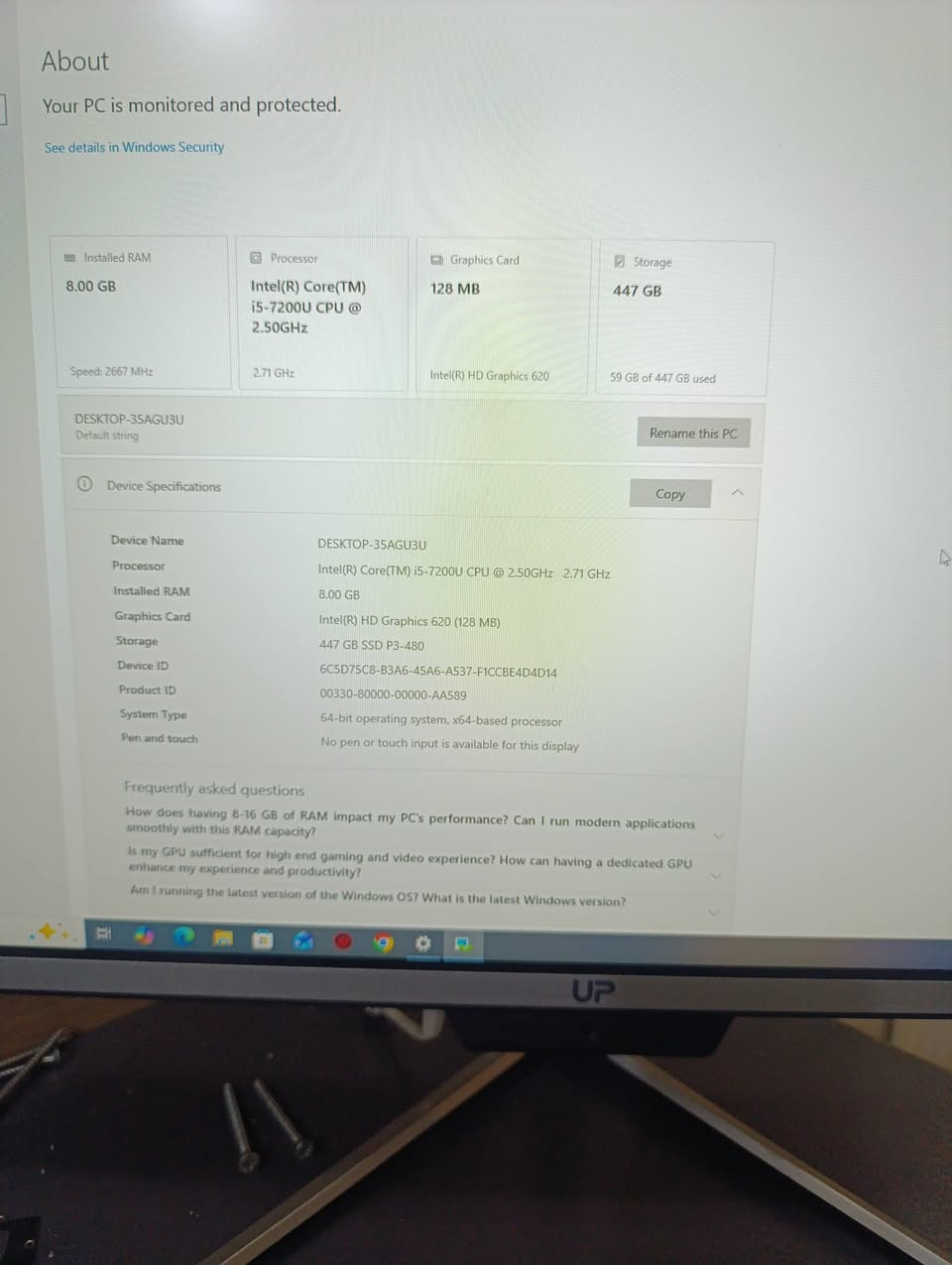 (شاشة + كيس مدمج) ماركة UP

🔹 المواصفات:

 • 💻 المعالج: Intel Core i5-7200U — الجيل السابع
 • 🧠 الرامات: 8GB
 • 🖥️ الشاشة: شاشة UP مع الكيس مدمج داخلها
 • 🪪 الويندوز: Windows 10 Pro — إصدار 22H2
 • ⚙️ النظام: 64-bit
 • 📦 الحالة: الجهاز جديد وغير مستخدم

العنوان بغداد العبيدي  ***********
