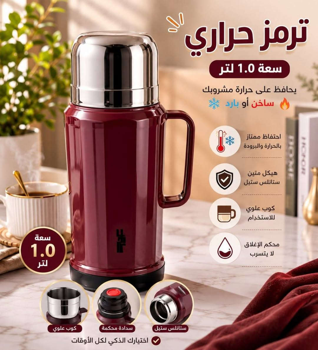 ✨ ترمز حراري – سعة 1.0 لتر ✨
خلك مستمتع بحرارة مشروبك بكل وقت ☕❄️
ترمز عملي بتصميم أنيق يحافظ على الحرارة والبرودة لساعات طويلة 🔥🧊
✔️ سعة 1.0 لتر
✔️ يحافظ على الحرارة لفترة طويلة
✔️ ستانلس ستيل عالي الجودة
✔️ غطاء محكم ضد التسرب
✔️ مناسب للبيت والسفر والعمل

السعر 15 المجر الكعبي, ميسان


**إذا كنت صاحب هذا الإعلان وتريد حذفه لأي سبب، رجاءا أرسل رسالة إلى الدعم الفني**