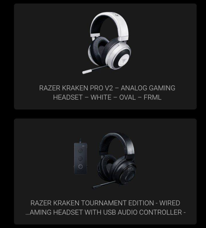 سماعات RAZER KRAKEN أصلية 

Kraken Pro V2 (أبيض) 
 Kraken Tournament Edition
 Kraken Quartz (وردي)
 Kraken Pro V2 (أخضر)
كلهم شغّالات 
💰 السعر: 25
مال باله
***********
