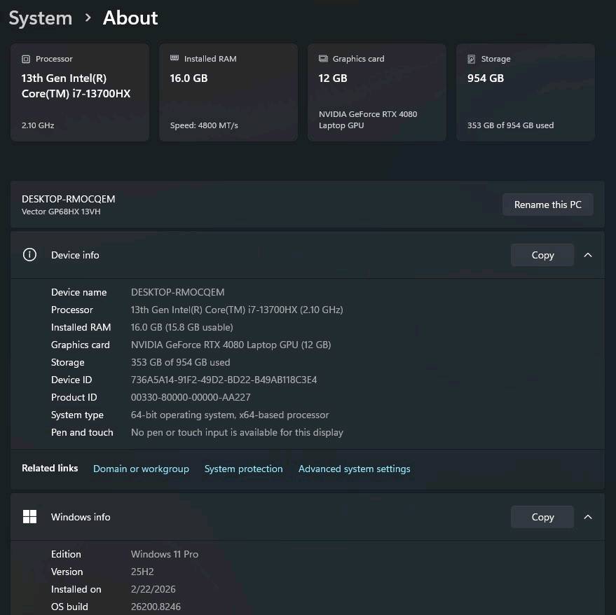 MSI Vector GP68HX 13VH

​المعالج (CPU): Intel Core i7-13700HX (بسرعة تردد أساسية 2.10 GHz مع تقنية الـ Turbo Boost).
​كرت الشاشة (GPU): NVIDIA GeForce RTX 4080 Laptop GPU بمساحة 12 جيجابايت بالكامل.
​الذاكرة عشوائية (RAM): 16 جيجابايت DDR5 بسرعة 4800 MT/s.
​التخزين (Storage): 1 تيرا بايت NVMe SSD السريع جداً (صافي المساحة من داخل النظام 954 GB).
​الشاشة (Display): 16 انج بتردد احترافي 240Hz لإنهاء أي تقطيع وسلاسة مطلقة.
​الأمان والخصوصية: كاميرا أمامية مدمجة تدعم بصمة الوجه (IR Camera) لفتح القفل الذكي والآمن عبر Windows Hello.
مجهز الطاقة (Charger): الشاحن الأصلي العملاق بقدرة 330 واط لضمان استقرار الأداء.
​نظام التشغيل (OS): Windows 11 Pro (نسخة 64-bit أصلية ومفعلة).