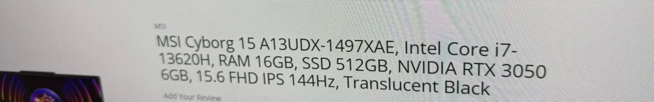 � للبيع – لابتوب MSI Cyborg 15 Gaming 🔥
💻 MSI Cyborg 15 A13UDX-1497XAE

✅ المواصفات:

* Intel Core i7-13620H
* RAM 16GB
* SSD 512GB NVMe
* NVIDIA GeForce RTX 3050 6GB
* شاشة 15.6 بوصة FHD IPS
* معدل تحديث 144Hz
* اللون: Translucent Black

مواصفات هذا الطراز تتوافق مع معالج i7-13620H، شاشة FHD IPS 144Hz، وبطاقة RTX 3050 سعة 6GB. 

💰 السعر: 1,000,000 دينار عراقي
🔹 يوجد مجال بسيط بالسعر للجادين فقط.

🚚 متوفر توصيل داخل بغداد والمحافظات.

📍 الموقع: بغداد – البلديات

📞 للاستفسار والحجز:
***********

🌟 لابتوب ممتاز للألعاب، الدراسة، التصميم، المونتاج، والبرمجة، مع أداء قوي وسلس بفضل معالج i7 وكرت الشاشة RTX 3050
