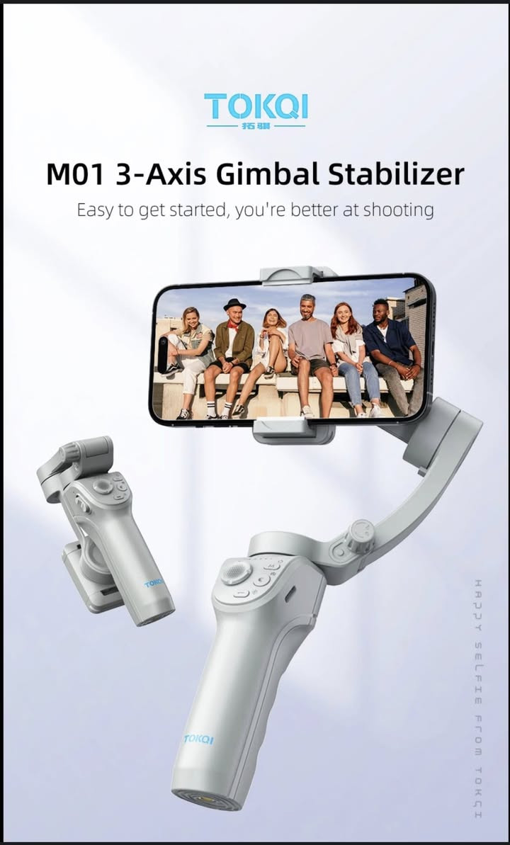 هذا مثبت جيمبال (Gimbal) للهاتف الذكي TOKQI M01 ثلاثي المحاور. 
يوفر تثبيتًا سلسًا للفيديو عن طريق تعويض حركات الكاميرا غير المرغوب فيها.
يتميز بتصميم خفيف الوزن وقابل للطي لسهولة الحمل.
مزود بتقنية التعرف الذكي على الوجه لتتبع الأهداف.
يحتوي على ضوء تعبئة مدمج (fill light) وحامل ثلاثي القوائم (tripod). توصيل جميع المحافضات 5
متواجد خاص و واتساب ***********
