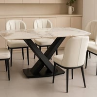ميز طعام مرمر • ٦ كراسي جلد أبيض • قاعد حديد فولاذ