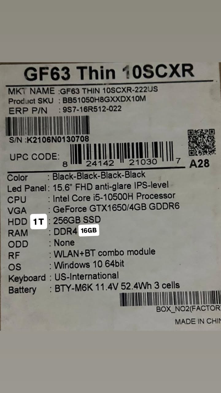 السلام عليكم 
MSI GF63 Thin
المواصفات كدامكم بالصوره 
النظافه شوفة عينكم 
الكارتونه والملحقات الاصليه موجوده
للبيع السعر 650 وبي مجال مكاني بغداد الطالبيه
***********
