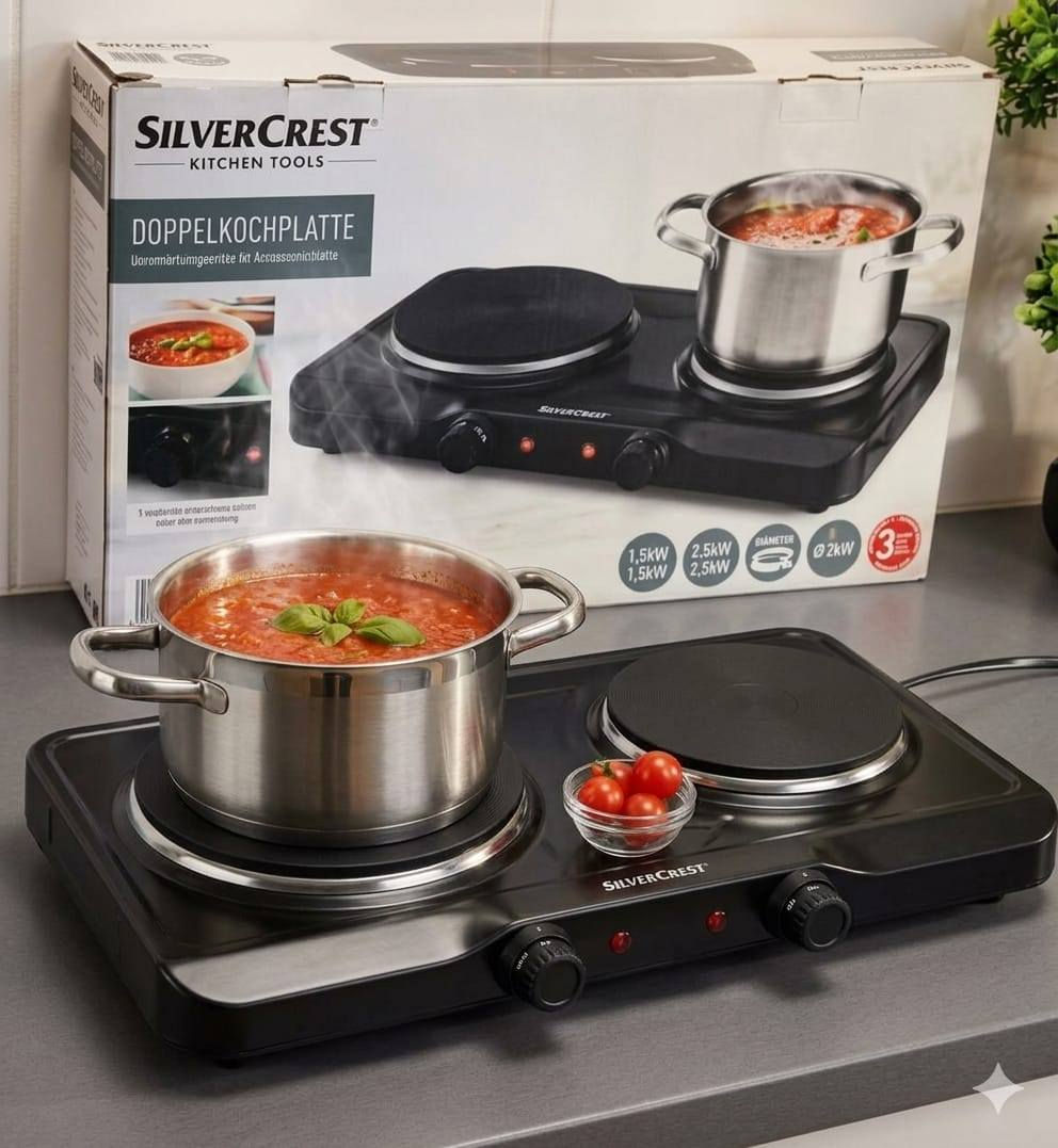 الطباخ الكهربائي المزدوج (عينين) من ماركة سيلفر كريست (SilverCrest)
المواصفات الأساسية للجهاز:
القدرة الإجمالية: 2500 واط (مقسمة إلى 1500 واط للعين الكبيرة و 1000 واط للعين الصغيرة).
النوع: طباخ حجري مزدوج يعمل مع مختلف أنواع الأواني (ستانلس ستيل، تيفال، فافون، وغيرها).
المميزات: يحتوي على منظم حرارة (ترموستات) منفصل لكل عين، وضوء مؤشر للتشغيل، وهيكل متين من الفولاذ. 

السعر 50 الف مع التوصيل 
للتواصل خاص او على الواتساب 
***********
