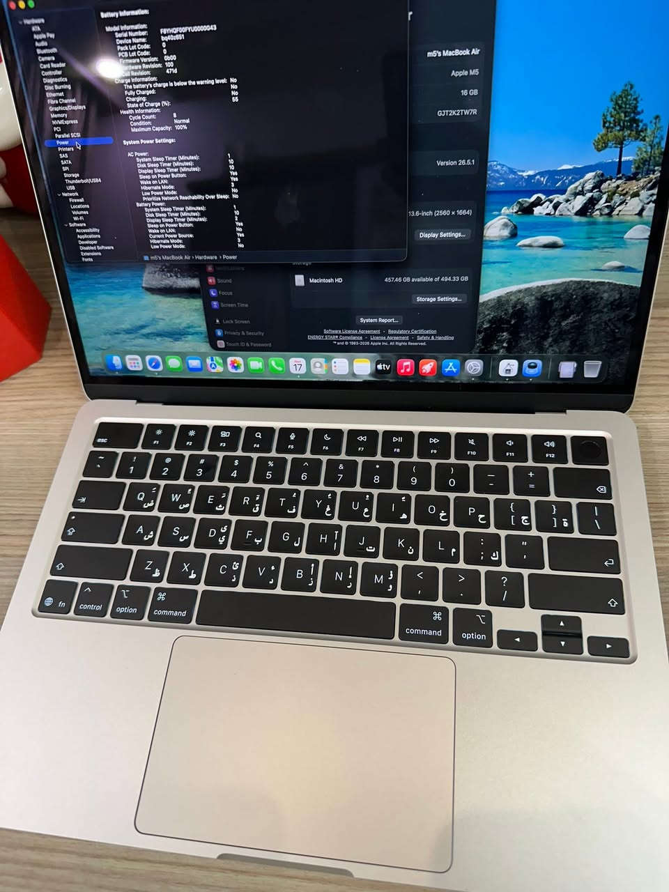 Macbook air M5
M5
Ram16
512
مشحون 8 مرات اخو الجديد وغراض كاملة لون سلفر 
السعر مليونين
***********
