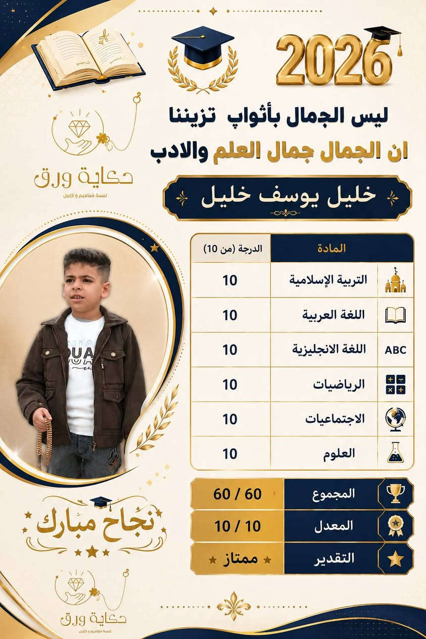 تخرجت؟ نجحت؟ لا تخلي الفرحة تمر عادي! 🎓✨
صمّم شهادة تخرجك بلمسة فنية مميزة ومع إطار فاخر يكمل كشختها. 🖼️
​📌 متوفر الآن بتصاميم وألوان متعددة تناسب ذوقك.
✉️ ارسل لنا الاسم والصورة والمرحلة الدراسية
 وخلي الباقي علينا!
السعر مناسب 
والتوصيل داخل ديالى 3 الاف
وباقي المحافظات 5 الاف
***********
