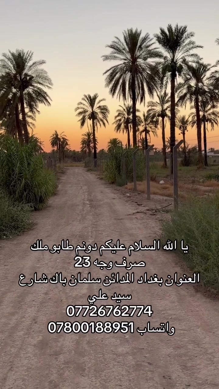 يا الله السلام عليكم دونم  طابو ملك صرف وجه 23 
العنوان بغداد المدائن سلمان باك شارع سيد علي 
*********** 
واتساب ***********
