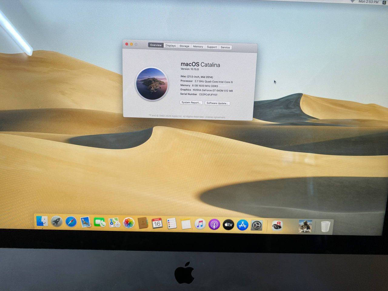 Imac 21.5inc
سنة 2014 اصدار macos 10.15
هيكل المنيوم بالكامل 
مواصفات :
معالج Intel Core i5 ثنائي النواة (يصل تردده إلى 2.7 جيجاهرتز مع تقنية Turbo Boost) 

Ram 8 gb ddr3 1600mghz
Rom 500 gb Fusion Drive قابل للتطوير
كارت شاشه خارجي  من نفيديا GT 640 
صوت ستيريو 
وملحقات وياه الشاشه كيبورد وماوس وايرليس
العنوان بغداد 
السعر 325 وبيه مجال


**إذا كنت صاحب هذا الإعلان وتريد حذفه لأي سبب، رجاءا أرسل رسالة إلى الدعم الفني**