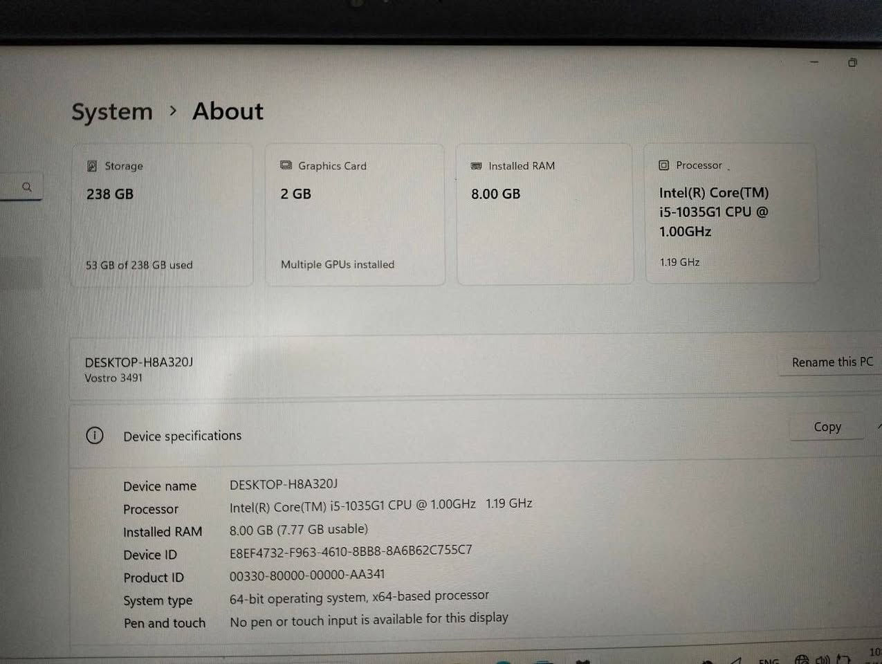 💼 Dell Vostro 3491
لابتوب عملي من فئة الأعمال، مناسب للشغل المكتبي والدراسة والاستخدام اليومي مع أداء مستقر وكارت شاشة منفصل.

━━━━━━━━━━━━━━━━━━━━━━

🔵 المعالج
Intel Core i5-1035G1
جيل عاشر

✅ 4 أنوية / 8 Threads
✅ أداء جيد للاستخدام اليومي وتعدد المهام

🔵 الذاكرة (RAM)
8GB DDR4

✅ مناسبة للشغل والدراسة
✅ قابلة للترقية

🔵 التخزين
256GB SSD

🚀 سرعة عالية في تشغيل الويندوز والبرامج
📁 مكان إضافي لتركيب HDD

🔵 الشاشة
14 بوصة Full HD
دقة 1920×1080

✅ صورة واضحة ومريحة للعين
✅ مناسبة للعمل والتنقل

🔵 كروت الشاشة
Intel UHD Graphics
+
NVIDIA GeForce MX230 2GB GDDR5

🎨 مناسب للتصميم الخفيف
💻 أداء أفضل من الكروت المدمجة
🌐 تشغيل برامج الجرافيك البسيطة بسلاسة

🔵 البطارية
بطارية جديدة
🔋 Health 100%

🔵 الشاحن
⚡ الشاحن الأصلي

🔵 النظام
Windows أصلي
✅ يتفعل تلقائياً بمجرد الاتصال بالإنترنت

━━━━━━━━━━━━━━━━━━━━━━

💼 مناسب للدراسة والشغل المكتبي
👨‍💻 البرمجة الخفيفة
🎨 التصميم الخفيف
🌐 التصفح والاجتماعات
🎬 الاستخدام اليومي

━━━━━━━━━━━━━━━━━━━━━━

🛡️ ضمان شهر كامل
🔄 15 يوم استبدال
🚚 متاح الشحن لجميع المحافظات

🔥 جهاز عملي من Dell يجمع بين كارت MX230 وبطارية جديدة 100% وسعر مناسب 🔥


**إذا كنت صاحب هذا الإعلان وتريد حذفه لأي سبب، رجاءا أرسل رسالة إلى الدعم الفني**