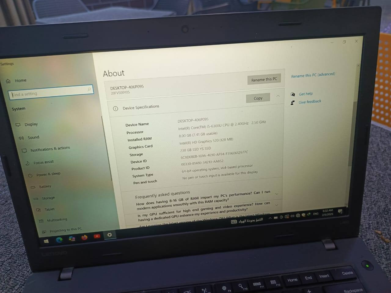 للبيع لابتوب Lenovo ThinkPad بحالة ممتازة
المواصفات:
🔹 معالج: Intel Core i5‑6300U
🔹 الرام: 8GB DDR3
🔹 التخزين: SSD حوالي 240GB
🔹 كرت الشاشة: Intel HD Graphics 520
🔹 نظام التشغيل: Windows 10 أصلي
الحالة: نظيفة وشغّالة تمام
💰 السعر: 265000 دينار عراقي بيه مجال بسيط 
للاستفسار والاتصال/واتساب: [***********]
