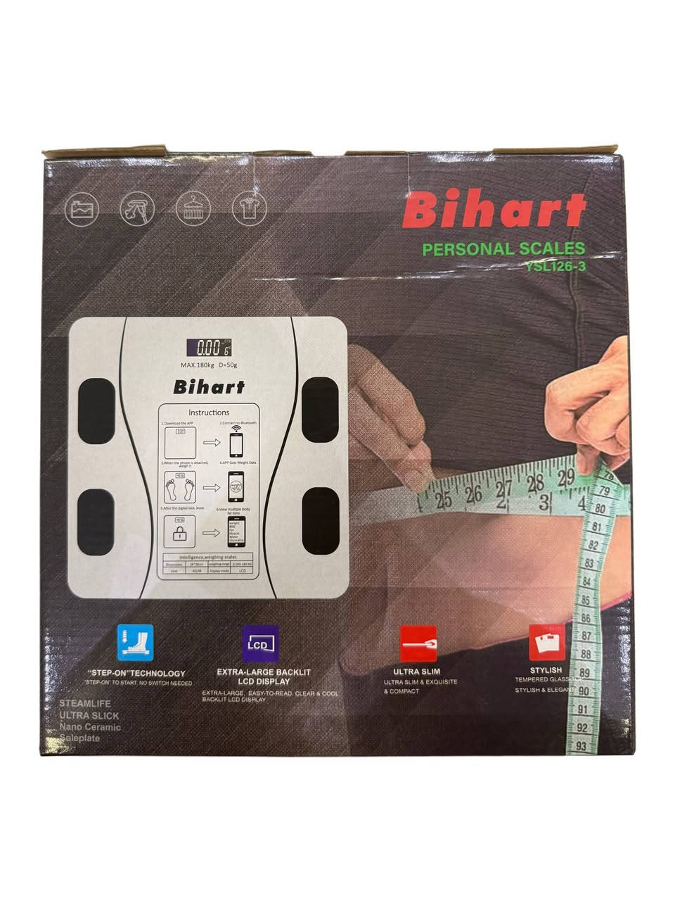 • ميزان شخصي ذكي من Bihart بتصميم أنيق وزجاج مقوّى مناسب للاستخدام المنزلي اليومي موديل YSL126-3. السعر((7الف))تواصل واتساب***********
• يدعم الاتصال عبر Bluetooth لمزامنة بيانات الوزن مع تطبيق OKOK على الهاتف.
• شاشة LCD بإضاءة خلفية كبيرة لعرض الوزن بوضوح وسهولة قراءة.
• قدرة وزن قصوى حتى 180 كغم مع دقة قياس 50 غرام كما هو موضح على الميزان.
• تصميم نحيف (Ultra Slim) وخفيف مع تقنية Step-On للتشغيل عند الوقوف مباشرة.
• يدعم عرض بيانات متعددة عبر التطبيق مثل: الوزن، BMI، دهون الجسم، العضلات.

🔹 المواصفات

• الماركة: Bihart
• النوع: ميزان شخصي ذكي (Personal Scales)
• أقصى وزن: 180 كغم
• دقة القياس: 50 غرام
• وحدة القياس: KG / LB (كيلو / رطل)
• الشاشة: LCD بإضاءة خلفية
• الاتصال: Bluetooth
• التطبيق: OKOK App (Android / iOS)
• الأبعاد: 26 × 26 سم
• مصدر الطاقة: 2 × بطارية AAA
• مادة السطح: زجاج مقوّى (Tempered Glass)

🔹 محتويات العلبة
• ميزان Bihart الذكي
• بطاريتان AAA
