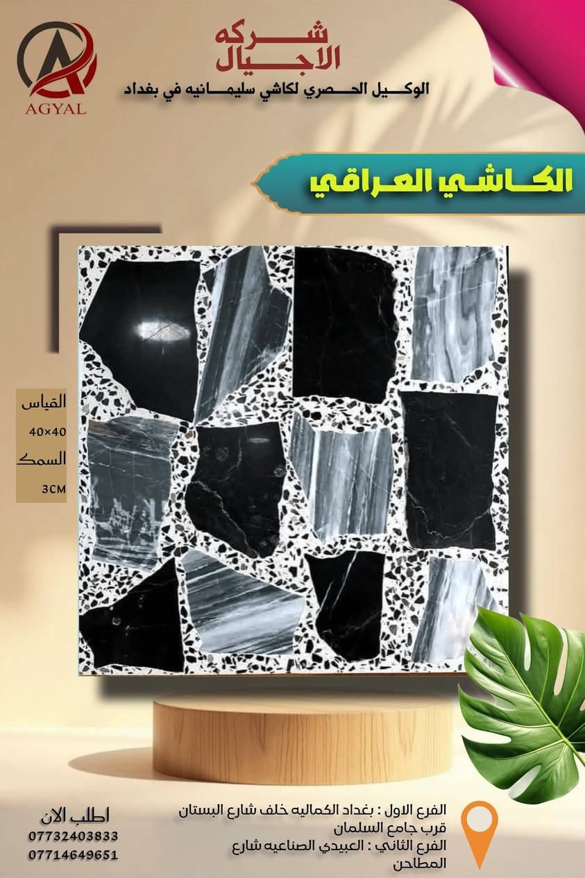 #شركه_الاجيال_للكاشي
#الوكيل_الحصري_لكاشي_سليمانيه 
​🔥 ارتقِ بمساحتك: الأناقة الخالدة بتصميم عصري
​هل تبحث عن اللمسة المثالية التي تجمع بين تاريخ الفخامة وروح التصميم المعاصر؟ نقدم لك بلاطنا الفسيفسائي الفاخر (Terrazzo Style)، المزيج المتقن من الرخام الأبيض الناصع وقطع الفسيفساء السوداء والرمادية الغنية.
​💎 الميزات الرئيسية
​تصميم فريد وجذاب: يتميز بنمط "الفسيفساء الكبيرة" (Agglomerate Terrazzo Look) حيث تتداخل الأشكال البيضاء البارزة مع خلفية حبيبية داكنة، مما يخلق تباينًا دراميًا وعمقًا بصريًا.
​متانة فائقة: مثالي للاستخدام في الأماكن ذات الحركة المرورية العالية مثل مداخل الفنادق، قاعات الاستقبال، والمطابخ. (قد يكون من الرخام أو البورسلان المصقول).
​تشطيب لامع (Polished Finish): سطح مصقول يضفي لمسة من الرقي ويعزز انعكاس الضوء، مما يجعل المساحات تبدو أكثر اتساعًا وإشراقًا.
​سهولة الصيانة: مقاوم للبقع وسهل التنظيف، مما يجعله الخيار العملي والأنيق للمشاريع السكنية والتجارية.
والكاشي العراقي والموزائيك والمطعم بالمرمر 
اجود انواع المواد والحجر  والاسمنت 
بتفاصيل هندسيه دقيقه تكدر تضمن  
وتحصل افضل انواع الكاشي من عدنه 
كل ماعليك زياره موقعنا   او الحجز عبر الارقام التاليه 
العنوان : الفرع الاول: بغداد /الكماليه /خلف شارع البستان مجاور/ جامع السلمان 
الفرع الثاني: بغداد/ العبيدي/ شارع المطاحن 

اطلب الان 
مركز المبيعات
***********
