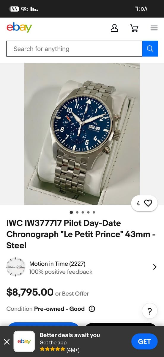 السلام عليكم ساعهIWC سويسري ميكانيك تكويك ضد الماء تصل الى ٢٤متر اخذلها سكرين وشوف جديده لوك مفوله وهاي تفاصيلها الي بالكوكل طلعت بالدي اج ال البريطاني فول ومكفول نفتح مزادها ٦٠الف وزاد الله من زاد وزنها كلش ثقيل


**إذا كنت صاحب هذا الإعلان وتريد حذفه لأي سبب، رجاءا أرسل رسالة إلى الدعم الفني**