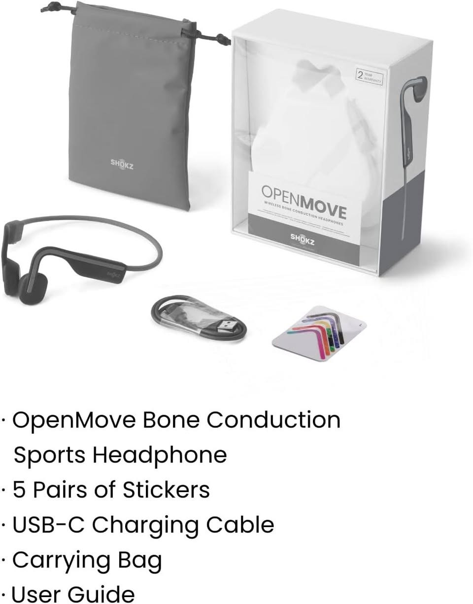 Open-Ear Headphones - Experience unmatched comfort with our lightweight, secure fit, featuring an earbud-free design for all-day listening without ear fatigue.(Rebranded version of AfterShokz OpenMove)Safety & Connection - Stay motivated with your favorite audio without compromising on safety. Unlike over-ear and in-ear headphones, OpenMove keeps you connected and aware of your surroundings.Secure Fit - From light jogs to everyday commutes, a wraparound titanium frame keeps your bone conduction headphones in place during a range of low impact activities.A rugged, sweat-resistant design built to withstand your most intense workouts.6 Hours of Music & Calls - Enjoy six continuous hours of music, calls, and podcasts on a single charge with our bluetooth headphones. Universal compatibility: Seamlessly pairs with Android, iOS, Windows, and other Bluetooth-enabled devices.Includes a USB-C cable.High Sound Quality- Enjoy balanced audio, optimal volume and rich bass delivered through your cheekbone, anytime, anywhere with this premium OpenMove headset.Ensures excellent call quality for clear conversations.  Product description         1 Open-Ear Design   2 Stay Aware, Stay Safe   3 Secure Fit   4 Button for Easy Controls   5 Ultralight at Just 29g           1 Precise, Balanced Audio   2 6h Battery Life   3 Withstand the Elements   4 Crystal Clear Sound   5 Stable Connection         Learn More About OpenMove         What you get !    1. OpenMove Headphones &amp; Carrying Bag   2. Five Pairs of Stickers   3. USB-C Charging Cable   4. Safety Card         SHOKZ Headphone Stickers   Customize your OpenMove with colorful stickers!    1. 5 Colors for Personalization: Choose from the included selection of five vibrant colors.   2. Durable and reliable: The stickers are water and sweat resistant, keeping your earphones stylish in any situation. 3. Residue-Free Removal: The adhesive ensures a strong hold, yet peels off easily without leaving sticky residue.                OpenMove         Which Will You Choose?         PremiumPitch 2.0     Technology     Shokz DualPitch       USB-C Charging     Charging     USB-C Charging       6h     Battery Life     12h       5.1     Bluetooth     5.3       Noise Cancel       IP55     Water Resistance     IP55       29g     Weight     30.3g             PremiumPitch 2.0     Technology     Shokz TurboPitch       USB-C Charging     Charging     Magnetic Charging       6h     Battery Life     10h       5.1     Bluetooth     5.1       Noise Cancel       IP55     Water Resistance     IP55       29g     Weight     29g             PremiumPitch 2.0     Technology     PremiumPitch 2.0       USB-C Charging     Charging     USB-C Charging       6h     Battery Life     8h       5.1     Bluetooth     5.1       Noise Cancel       IP55     Water Resistance     IP67       29g     Weight     26g             PremiumPitch 2.0     Technology     2 Driver+OpenBass2.0       USB-C Charging     Charging     USB-C Charging       6h     Battery Life     48h（charging case）       5.1     Bluetooth     5.4       Noise Cancel       IP55     Water Resistance     IP55       29g     Weight     9.4g (single bud)                 OpenRun Pro 2       OpenRun Pro       OpenRun(USB-C)       OpenFIt 2                   CAN OTHERS HEAR YOUR MUSIC?     OpenMove sends vibrations to your inner ear through bone conduction technology. While it’s an alternative to traditional air conduction technology, leaving your eardrums open to your surroundings, it still provides a private listening experience.       IS OPENMOVE WATERPROOF?     OpenMove has an IP55 waterproof rating meaning that it is water-resistant but not waterproof. It can be used in the rain and for intense workouts.       CAN OPENMOVE BE USED TO TAKE CALLS?     Yes, OpenMove has two noise-cancelling microphones for phone calls.       IS OPENMOVE COMPATIBLE WITH PC AND MAC?     Yes, OpenMove is compatible with PC and Mac computers that have Bluetooth capabilities.       IS OPENMOVE COMPATIBLE WITH IPHONE AND ANDROID?     Yes, OpenMove is compatible with iPhone and Android phones. بغداد, العراق


**إذا كنت صاحب هذا الإعلان وتريد حذفه لأي سبب، رجاءا أرسل رسالة إلى الدعم الفني**