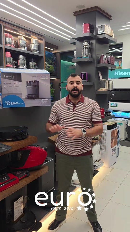 روبوت ECOVACS DEEBOT T50 MAX PRO OMNI يعتبر من أقوى روبوتات التنظيف من ايكو فاكس، وموجه للبيوت الكبيرة والسجاد والشعر الحيواني. أهم المواصفات • قوة شفط: 18500Pa قوية جداً للسجاد والغبار الثقيل.  • بطارية: 6400mAh • وقت تشغيل يصل تقريباً:  ◦ 206 دقيقة كنس ◦ 159 دقيقة كنس + مسح  • يدعم الكنس والمسح بنفس الوقت. • رفع الممسحة تلقائياً 18mm عند صعود السجاد حتى ما يبلله.  • تقنية ZeroTangle 2.0 ضد تشابك الشعر. • تنظيف حواف وزوايا بتقنية TruEdge 2.0. • ملاحة ذكية LiDAR + AI مع تجنب عوائق.  • محطة OMNI تسوي:  ◦ تفريغ غبار تلقائي ◦ غسل الموبات بماء حار ◦ تجفيف هوائي حار ◦ تعبئة محلول تنظيف تلقائي  • يدعم الأوامر الصوتية YIKO-GPT. الأبعاد • ارتفاع الروبوت تقريباً: 9.8 سم • مناسب يدخل تحت أغلب الأثاث لكن مو الواطي جداً.  مميزاته • قوي جداً على السجاد. • ممتاز للشعر والحيوانات. • محطة متكاملة تقلل التنظيف اليدوي. • هادئ نسبياً مقارنة بقوة الشفط.  الضمان 2 سنة من شركة بلاد الاخاء وكالة أيكو ڤاكس  متوفرة الان تكدرون تطلبوها اونلاين او زورونا عنواننا بغداد_الأعظمية_شارع عمر بن عبد العزيز   متواجدين طيلة أيام الأسبوع من ساعة 12 ظهراً الى 12 ليلاً ما عدا يوم الجمعة من ساعة 4 عصراً الى 12ليلاً للاستفسار يرجى مراسلة البيج او الاتصال على الارقام    *********** / مركز المبيعات  *********** / خدمة الزبائن  #عبدالله_يورو 
