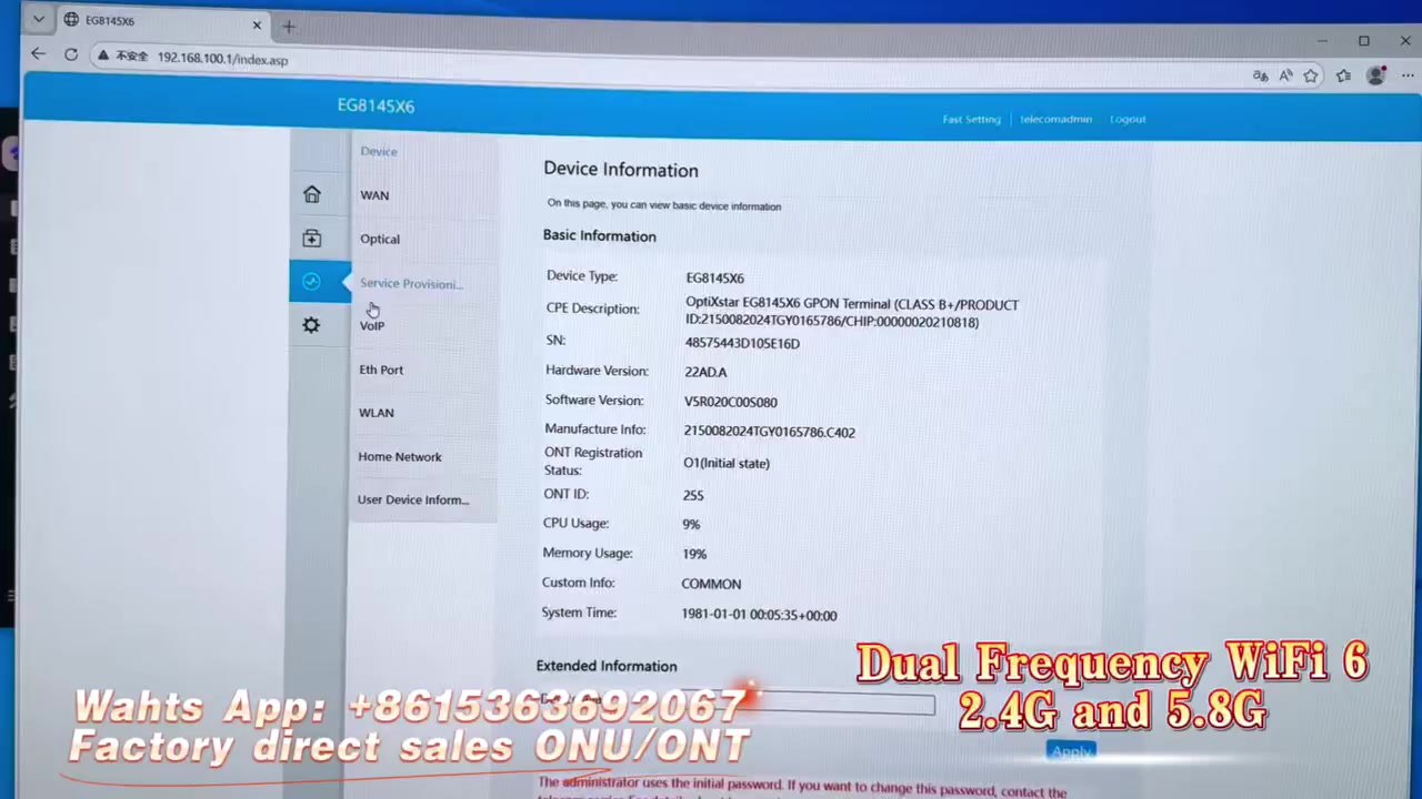 #ONU #ONT#EG8145X6 #wifirouter #modem #wifi#GPON#network#WholesaleBusiness #ElectronicsManufacturer #Supplier#factory direct sale

🔥Hot Model：EG8145X6 🔥

✅Place of origin：Direct sales by Chinese manufacturers ONU

✅4GE+2USB+1TEL Dual Frequency  WiFi 6 AX3000  🛜2.4G and 5G WiFi  🛜  

✅This product According to the customer's requirements can Customized web page，And the customization of the functions supporting this product.

✅Learn more about ONU Please add the above method Add me as a friend or send me a private message. 

✅Affordable prices.Welcome dear friends to consult and purchase.


**إذا كنت صاحب هذا الإعلان وتريد حذفه لأي سبب، رجاءا أرسل رسالة إلى الدعم الفني**