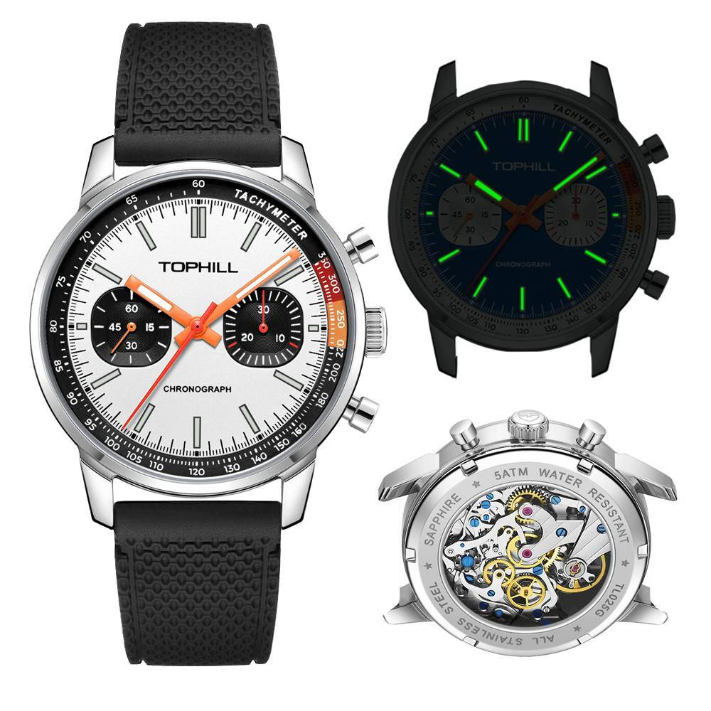 السلام عليكم تُظهر الصورة ساعة Tophill Seagull 1963 Pilots، وهي ساعة كرونوغراف ميكانيكية مصممة بأسلوب ساعات الطيارين الكلاسيكية.
تتميز هذه الساعة بالمواصفات التالية:
المحرك: تعمل بحركة Seagull ST1901 الميكانيكية الأصلية (يدوية اللف)، المعروفة بدقتها وموثوقيتها.
التصميم: مستوحى من ساعات الطيران لعام 1963، بقطر قرص يبلغ 40 ملم وتصميم "الباندا" (Panda) المميز بموانئ فرعية سوداء على خلفية فاتحة.
المواد: تأتي بهيكل من الفولاذ المقاوم للصدأ (316L)، وزجاج من الياقوت (Sapphire) المقاوم للخدش.
الميزات الإضافية: مقاومة للماء حتى عمق 50 مترًا (5ATM)، وتحتوي على عقارب ومؤشرات مضيئة للقراءة في الإضاءة المنخفضة.
الحزام: تظهر في الصورة بحزام مطاطي أسود مريح، وغالبًا ما تتوفر بخيارات أحزمة أخرى مثل الجلد. 
تعتبر هذه الساعة خياراً شائعاً لهواة جمع الساعات الذين يبحثون عن تصميم كلاسيكي وتكنولوجيا ميكانيكية عريقة بسعر مناسب.


**إذا كنت صاحب هذا الإعلان وتريد حذفه لأي سبب، رجاءا أرسل رسالة إلى الدعم الفني**