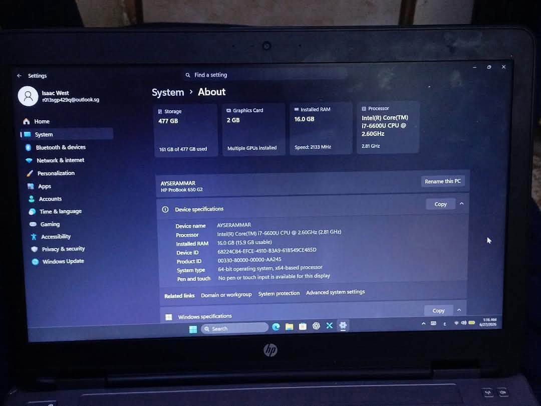 المواصفات:
* 💠 الموديل: HP ProBook 650 G2
* 🧠 المعالج: Intel Core i7-6600U (الجيل السادس)
* ⚡ سرعة المعالج: 2.60GHz وتصل إلى 3.40GHz مع Turbo Boost
* 🎮 كرت الشاشة: 2GB منفصل (مع وجود كرت Intel HD 520 مدمج)*
* 🧩 الرام: 16GB DDR4
* 💾 التخزين: SSD سعة 512GB 
* 🖥️ الشاشة: 15.6 بوصة
* 🪟 النظام: Windows 11 إصدار 64-bit
السعر ٢٥٠ الف 
مكاني الموصل


**إذا كنت صاحب هذا الإعلان وتريد حذفه لأي سبب، رجاءا أرسل رسالة إلى الدعم الفني**