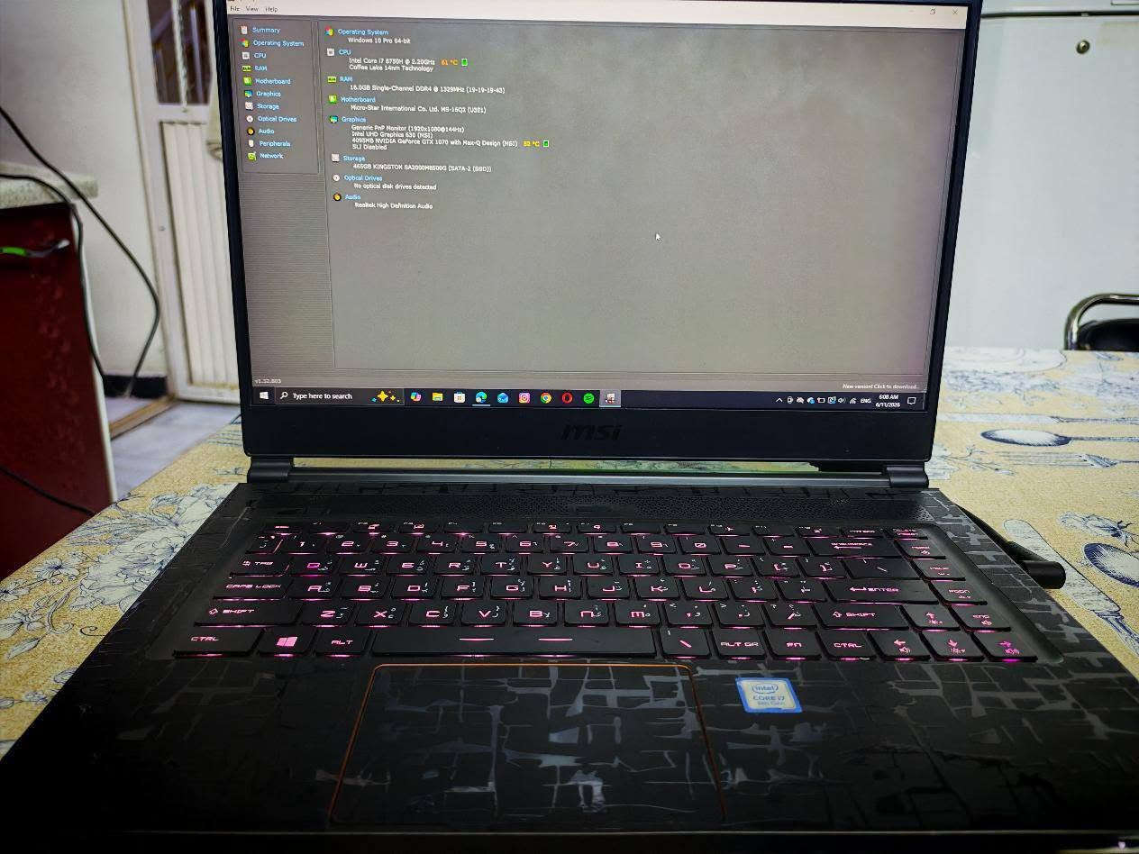 السلام عليكم لابتوب دراسة والعاب من شركة msi i7 gen 8H ذات سكن مميز من اصلي ٫ شاشةFull hd 1920×1080 144 hz ٫ كيبورد اضائة ٫ذاكرة 512gb ssd sata ٫ كارت 1070 4gb ٫ رامات 16gb ddr4 ٫تبريد دبل فان ٫وندوز 10 الحالي جهاز نظيف استعمال خفيف ٫ مع جنطة الابتوب وشاحنة الابتوب السعر 650 بيهة مجال بسيط للتواصل فقط واتساب ***********
