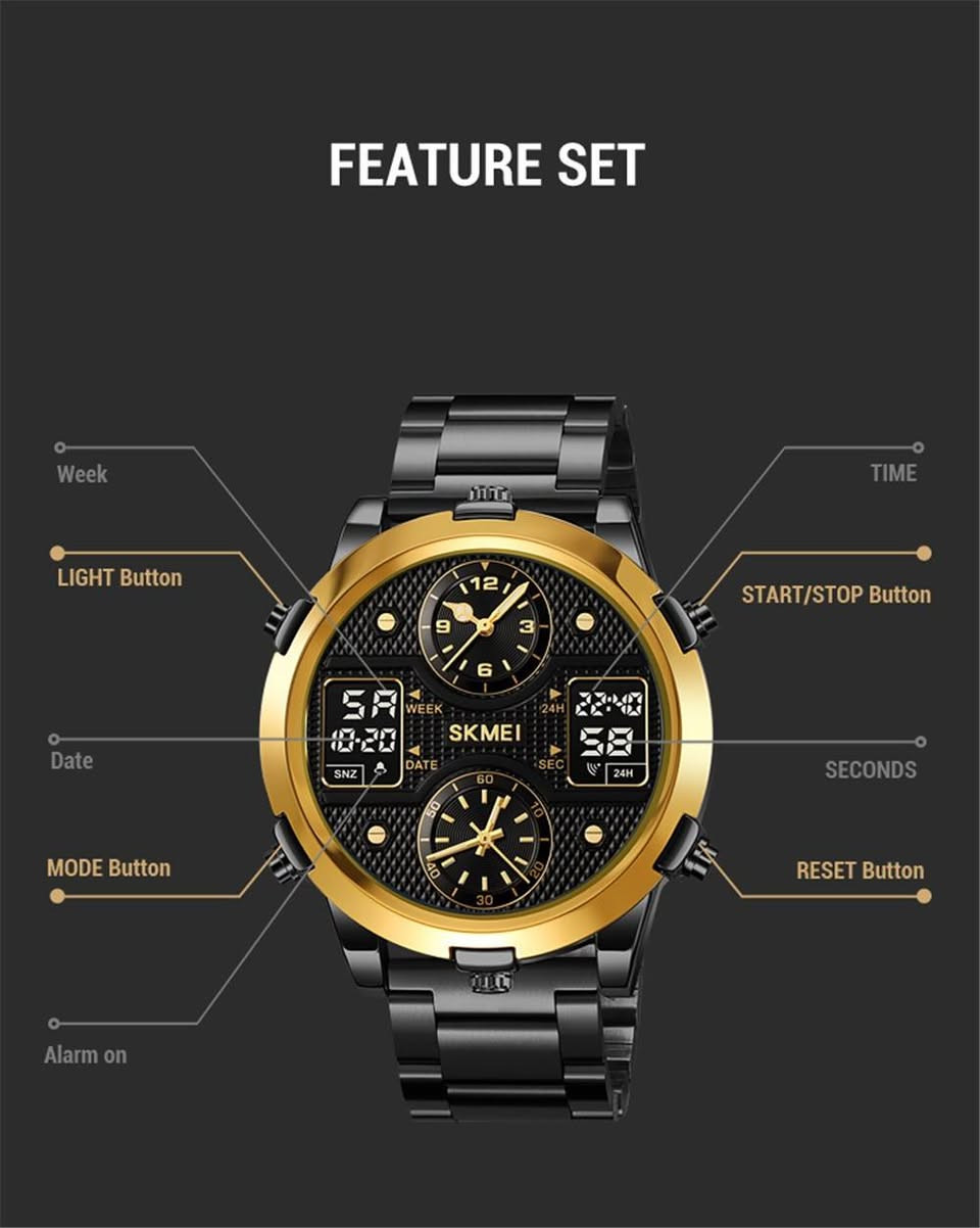 السلام عليكم ورحمه الله.*امزون*متوفر فقط قطعه وحده وبهذا اللون سعره 45 توصيل نجف مجاني🌹
/////‫*********** واتساب ////////////
هذه الساعة هي من طراز SKMEI 2212، وهي ساعة رجالية رياضية وعصرية تتميز بنظام عرض مزدوج (تناظري ورقمي) يجمع بين الأناقة والوظائف المتعددة. 
المميزات والمواصفات الرئيسية:..

عرض أوقات متعددة: تدعم الساعة عرض حتى 4 توقيتات مختلفة في آن واحد، مما يجعلها مثالية للمسافرين...

نظام العرض: تشتمل على شاشات LED رقمية بالإضافة إلى العقارب التقليدية (كوارتز)، مع دعم نظامي الوقت 12 و24 ساعة.

الوظائف الإضافية: مزودة بمنبه (Alarm)، ساعة توقيت (Chronograph)، عرض التاريخ واليوم والأسبوع، وإضاءة خلفية (Backlight) لرؤية واضحة في الظلام.

المواد والتصميم: تأتي بإطار معدني متين (سبيكة زنك) وحزام متوفر بخيارات من الفولاذ المقاوم للصدأ أو السيليكون.

مقاومة الماء: الساعة مقاومة للماء بمعيار 3ATM (30 مترًا)، مما يجعلها مناسبة للاستخدام اليومي مثل غسل اليدين، ولكنها ليست مخصصة للسباحة أو الغطس.
