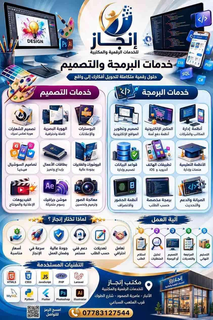 🚀 رؤيتك وفكرتك.. إنجاز يحولها إلى واقع! 🚀

​هل تبحث عن حلول برمجية ذكية، تصاميم إبداعية، أو خدمات مكتبية متكاملة وبأعلى جودة؟ في مكتب إنجاز، نجمع لك بين التطور الرقمي والخدمات المكتبية الشاملة تحت سقف واحد ل نلبي كافة احتياجاتك واحتياجات عملك! 🌟

​✨ أولاً: خدمات البرمجة والتصميم (تحول أفكارك إلى واقع) 💻🎨

​نوفر لك حلولاً رقمية متكاملة باستخدام أحدث التقنيات العالمية:

🔹 خدمات البرمجة:
​أنظمة إدارة المكاتب والشركات .
​تصميم وتطوير المتاجر الإلكترونية الآمنة والمواقع.
​الأنظمة التعليمية، المنصات، وإدارة قواعد البيانات.
​برمجة مخصصة وصيانة ودعم فني مستمر.

​🔹 خدمات التصميم:
​تصميم الهوية البصرية الكاملة والشعارات التي تعكس تميزك.
​تصميم بوسترات، إعلانات، بروشورات وفلايرات بجودة عالية.
​تصاميم احترافية لمنصات السوشيال ميديا.
​معالجة الصور، الموشن جرافيك، والفيديوهات الإعلانية والمونتاج.

​✨ ثانياً: دليلك الشامل للخدمات المكتبية والإلكترونية 🖨️📚
​ننجز معاملاتك اليومية والدراسية بكل دقة وسرعة:
1️⃣ الاستنساخ والطباعة: طباعة مستندات، وثائق، واستنساخ بجودة عالية.
2️⃣ البحوث والتقارير: إعداد البحوث الدراسية وتنسيق الملفات والملازم.
3️⃣ التقديم الإلكتروني: التقديم على الاستمارات الرسمية، القبولات، والمعاملات.
4️⃣ تنسيق المعاملات: سحب، تدقيق، وتحويل الملفات (PDF / Word).
5️⃣ القرطاسية: توفير كافة اللوازم المدرسية وحاجيات المكتب.

​🔥 لماذا تختار "إنجاز"؟
​✔️ تعامل احترافي وتعديلات حسب الطلب.
✔️ دعم فني مستمر وجودة عالية لضمان العمل.
✔️ سرعة فائقة في الإنجاز وبأسعار مناسبة جداً للجميع.
⚙️ التقنيات المستخدمة لدينا: (HTML5, CSS3, JavaScript, PHP, Laravel, MySQL, Python, Flutter, Photoshop, Illustrator).

​📍 موقعنا:
​العراق 🇮🇶 | الأنبار - عامرية الصمود - شارع الطوك - قرب الملعب السباعي .

​🕒 أوقات العمل:
​السبت إلى الخميس: من الساعة 9:00 صباحاً وحتى 9:00 مساءً.
​الجمعة: من الساعة 4:00 عصراً وحتى 9:00 مساءً.

​📞 للتواصل والاستفسار:
​📞 اتصال +واتساب : ***********
💬 واتساب: ***********

​📥 أرسل لنا رسالة الآن على واتساب ودعنا نبدأ في إنجاز مشروعك القادم!

​#إنجاز #خدمات_رقمية #برمجة #تصميم_جرافيك #تطوير_مواقع #تطبيقات_هاتف #خدمات_مكتبية #الأنبار #عامرية_الصمود #طباعة_وبحوث #تسويق_إلكتروني
