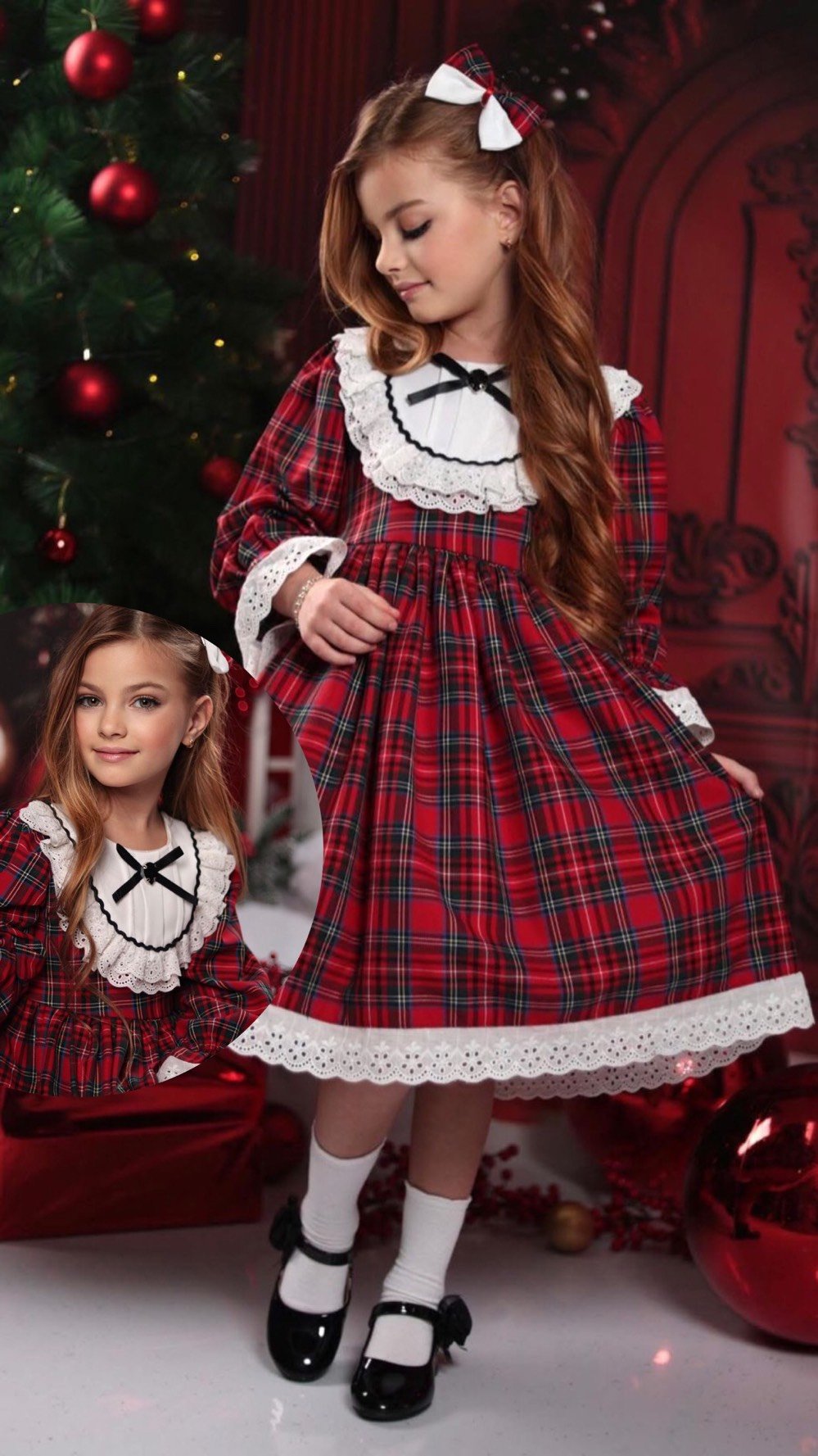 هذا الفستان الجميل يناسب الأطفال للمناسبات الخاصة مثل الاعياد وحفلات الكريسماس. مصنوع بدقة من القماش التركي، يتميز بتصميمه الكلاسيكي بنقشة الكاروهات الأحمر مع لمسات من الدانتيل الأبيض عند الياقة والأطراف. الفستان مزود بقوس أسود صغير لإضفاء لمسة إضافية من الأناقة.