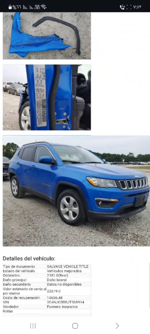 السلام عليكم سياره لبيع جيب كومباس 2018حادثه جاملغ فقط بدون داخل وبيه رشات صبغ فول مواصفات ماعده الفتحه كشنات جلد حساسات  وكامره خلفيه مكينه وكير وحداديه وتخم تاير جديد وكهربائيات كله شغاله سياره جاهزه للأخير 
السعر /96 ورقه 
الرقم/***********
