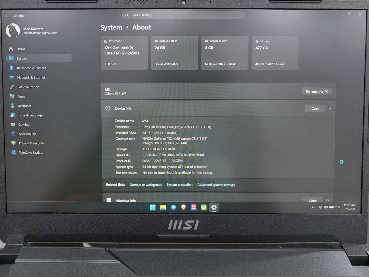 MSI CYBORG 15 A12V

CPU: i7-12650H
​RAM: 24GB 4200MHz DDR5
​Storage: 512GB NVME Samsung
​GPU: RTX 4060 8GB
​Screen: FHD 144hz IPS 15.6

خاوێنى 90%
​تێبینى: هه‌نێ په‌له‌ی پێوه‌یه له به‌شی پشته‌وەی ده‌رمانی به‌ر‌که‌وتوه‌.

​شاشه‌و پاتری و هه‌موو شتێکی به‌ شه‌رت جانتاشی له‌گه‌ڵه و شه‌حنی بیلا‌دیشی ماوه.

1_كوله‌رى لاپتۆپ RGB 2200 RPM خاوێنى 99%
​2_ده‌سکى Xbox Elite series 2 خاوێنى95%

​3_ماوسى Razer viper mini wire خاوێنى 97%
​4_هێدسێتى Logetic G935 خاوێنى 99%

هه‌مووى بۆ فرۆشتن كارتۆن و ئه‌شیایان ماوه زه‌مانى هه‌موو پارچه‌كان ئه‌كه‌م.

​سڵێمانى
​*********** السليمانية, العراق
