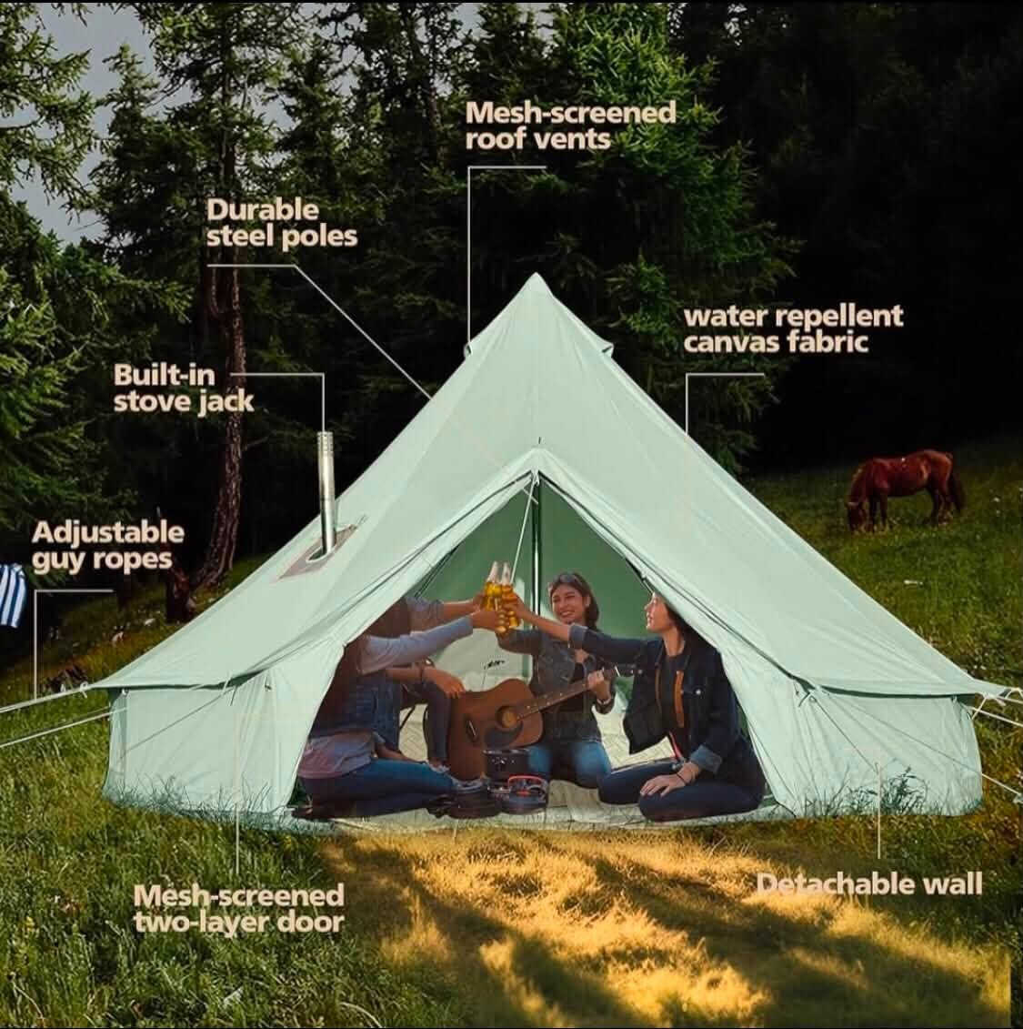 السلام عليكم للبيع خيمة جرس هرمية  (Bell Tent) من ماركة جلامكامب اللون اخضر فاتح 
تتميز بقماش قطني مقاوم للماء ومساحة تتسع لعدة أشخاص 
الميزات :فتحة مخصصة لمدخنة الموقد، ونوافذ شبكية للتهوية. 
القياس : قطر الخيمة  3 متر الارتفاع العلوي 200 سم، ارتفاع الجدار الجانبي 60 سم، ارتفاع الباب 150 سم. 
الوزن : 18 كيلو ونص 
المواد: خيمة الجرس هذه مصنوعة من قماش قطني مع طلاء بولي يوريثان بمعمل مقاوم للماء 3000 ملم  
صنعت الارضية من بلاستيك PVC يمكن تنظيفه بسهولة ومصممة لعزل الرطوبة بصورة ممتازة وتكون قابلة للفك بسحاب لتوفير التهوية وحسب الرغبة 
العمود المركزي مصنوع من أنابيب فولاذية 
خيمة لأربعة مواسم: خيمة جرس تدعم الموقد في الشتاء
فتحة موقد موضوعة على الجدار الجانبي تمنع تسرب المياه في الأيام الممطرة.
تواصل خاص او ***********

