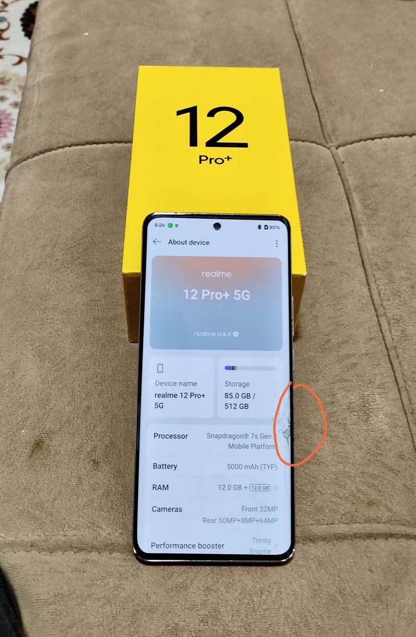 ڕیاڵمی ١٢ ی پڕۆ پڵاس فایف جی
شوشەکەی ئەو شکاوێی هەیە 
دیاریم کردووە
٥١٢ گێگاو ڕام ١٢ یە
snapdragon 7+gen2
دوو سیمەو زۆر بێ کێشەیە
نرخی ٢٣٥ هەزارو کەمێک مەجال
تێل  ***********
زوومەکەی ١٢٠ ئێکسە.. السليمانية, العراق
