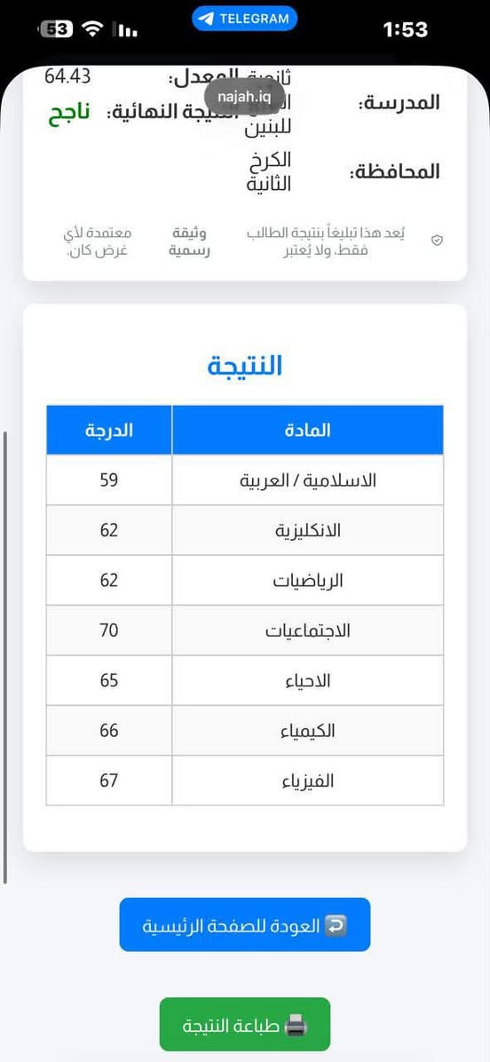 يعلن الاستاذ صلاح الجنابي عن فتح باب التسجيل لطلاب الصف الثالث المتوسط الدخول الشامل والدور الثاني بمادة الكيمياء والنجاح مضمون ان شاءالله استناداً على نتائج الدور الاول التي كانت نسبة النجاح فيها 100% ولله الحمد واليكم بعض النتائج للاستفسار الاتصال على الرقم التالي ***********
